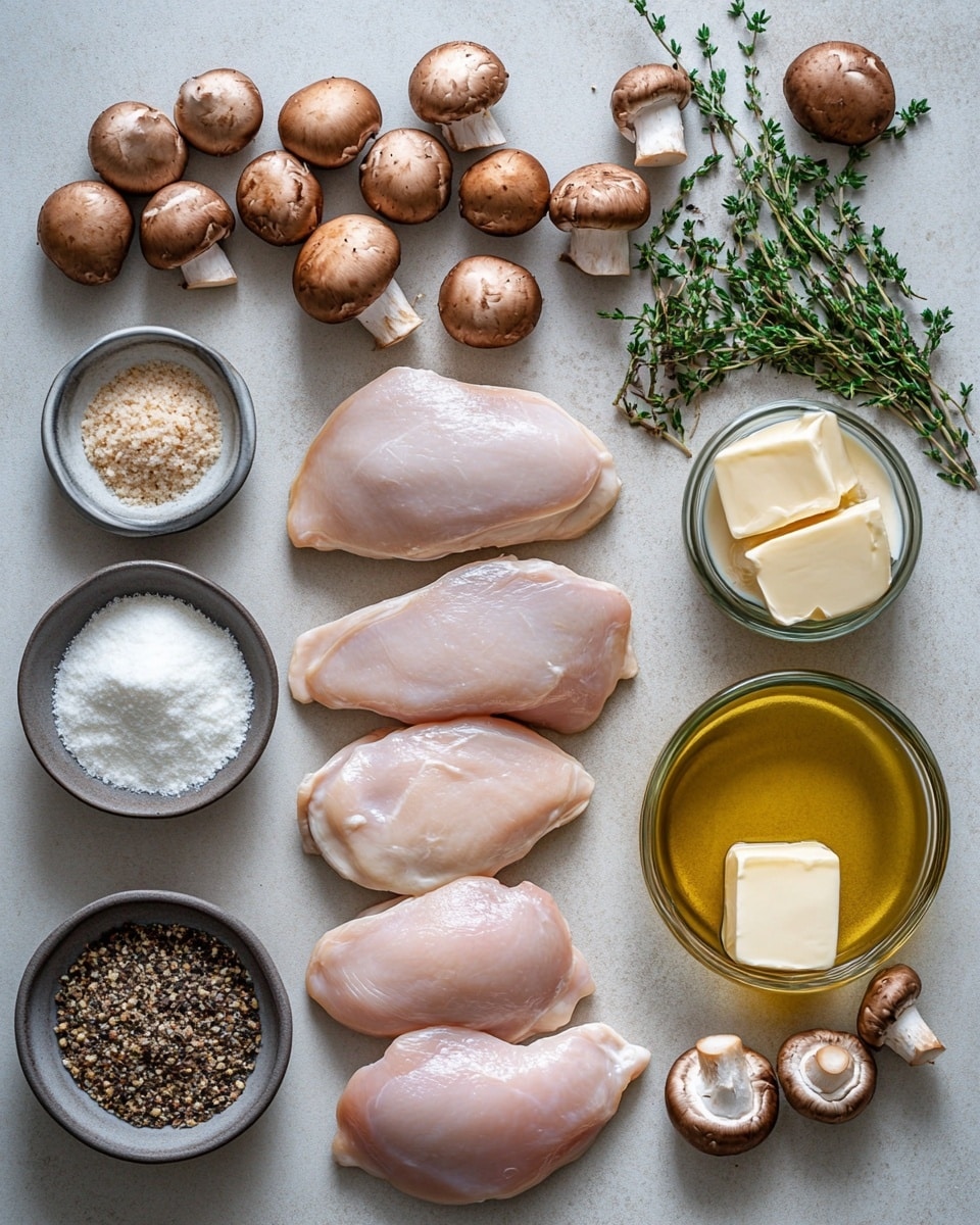 The image shows a white pan filled with several pieces of cooked chicken in a golden brown sauce. The chicken layers are thick and tender with some browned edges, topped with small, sliced brown mushrooms scattered evenly across the pan. The sauce looks shiny and slightly oily, with bits of finely chopped onions and green herbs sprinkled on top, adding texture and color. A wooden spoon is picking up one piece of chicken from the pan. The pan is set on a white marbled surface with some green herbs visible near the top right corner. Photo taken with an iphone --ar 4:5 --v 7