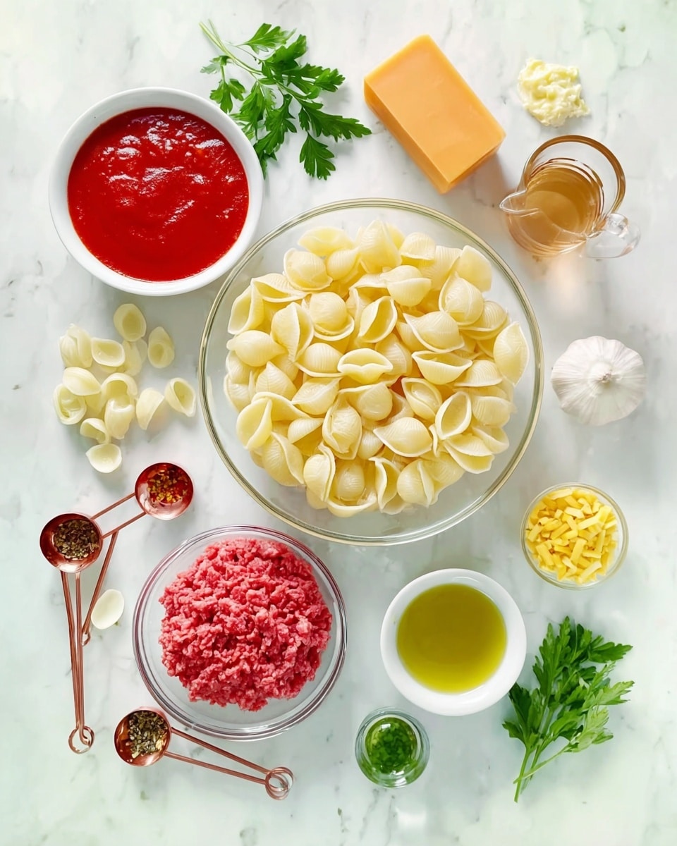 A close-up view of a white pan filled with golden-yellow pasta shells mixed with a thick, brown meat sauce that has visible ground meat pieces. The sauce coats the pasta evenly, with small bits of red tomato and green herbs spread throughout, adding color contrast. The edges of the pan are black, and the pan rests on a white marbled surface with green parsley leaves placed around it. The texture of the sauce looks smooth and slightly oily, and the pasta shells are plump, some open and some slightly curled. photo taken with an iphone --ar 4:5 --v 7