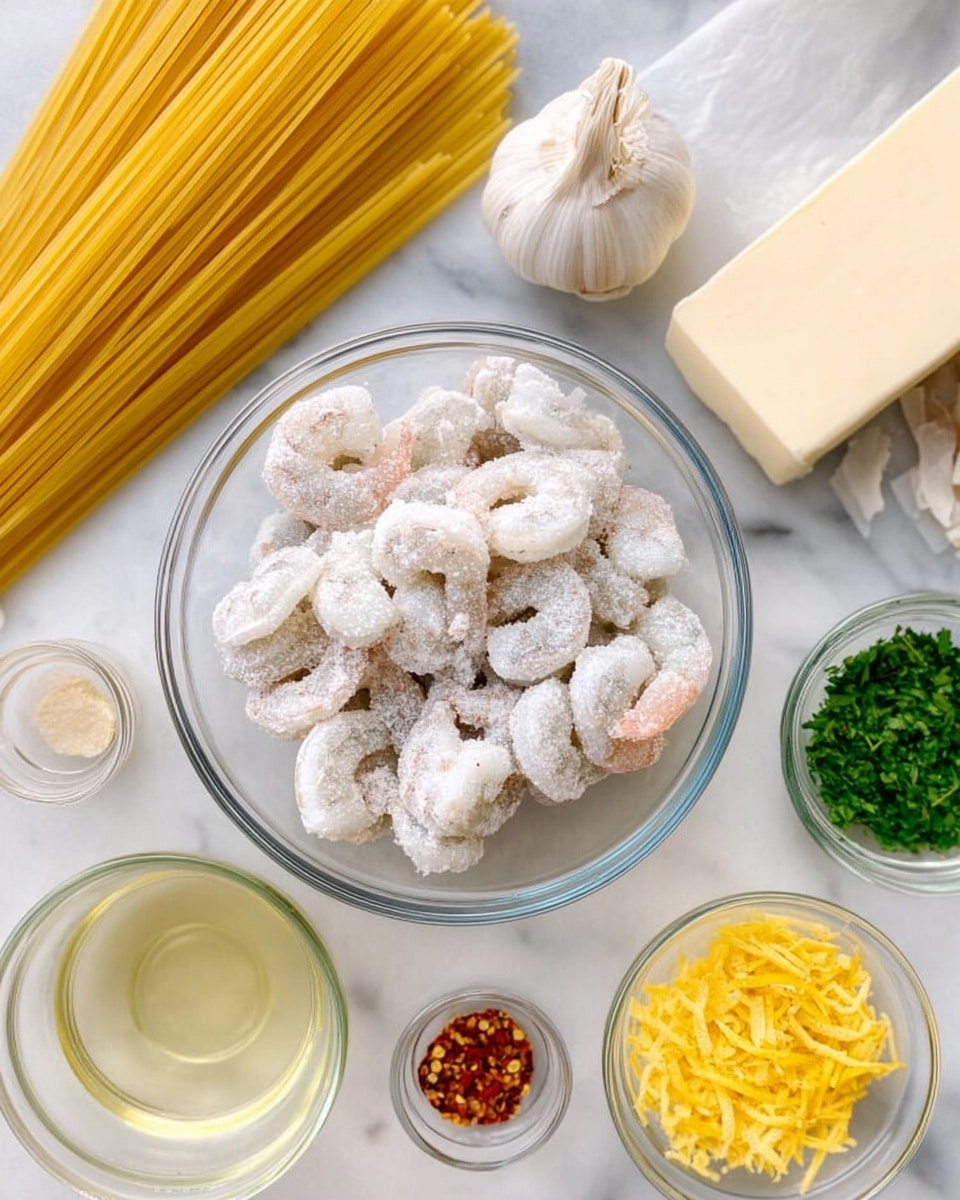 A white plate holds a serving of spaghetti pasta topped with around a dozen cooked shrimp all arranged evenly on top. The shrimp have an orange-pink outer shell with white inside, sitting on a bed of yellow spaghetti noodles. Small bits of green chopped parsley are sprinkled over the shrimp and pasta. There are also specks of black pepper and finely grated white cheese scattered across the dish. In the background, a wedge of lemon is partly visible on the white marbled surface. photo taken with an iphone --ar 4:5 --v 7