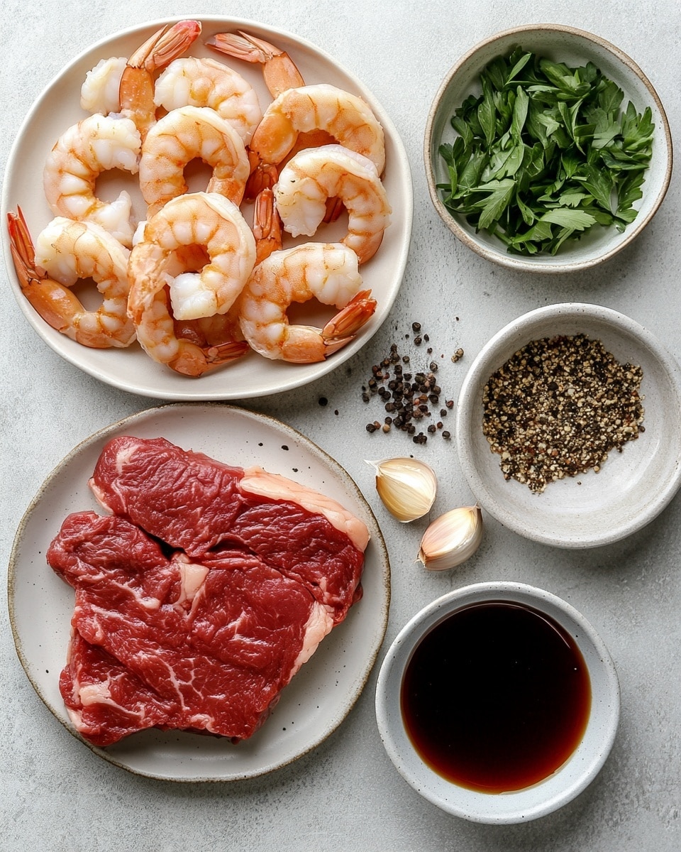The image shows a round white plate on a white marbled surface, holding six metal skewers arranged in two rows. Each skewer is loaded with alternating pieces of pink grilled shrimp and dark brown grilled beef cubes, all sprinkled with chopped green herbs and bits of garlic, adding texture and color contrast. The shrimp have a slightly shiny, cooked appearance with some grill marks, while the beef looks tender and juicy with a light coating of sauce. The skewers have round or hooked ends, adding a subtle decorative touch. Photo taken with an iphone --ar 4:5 --v 7
