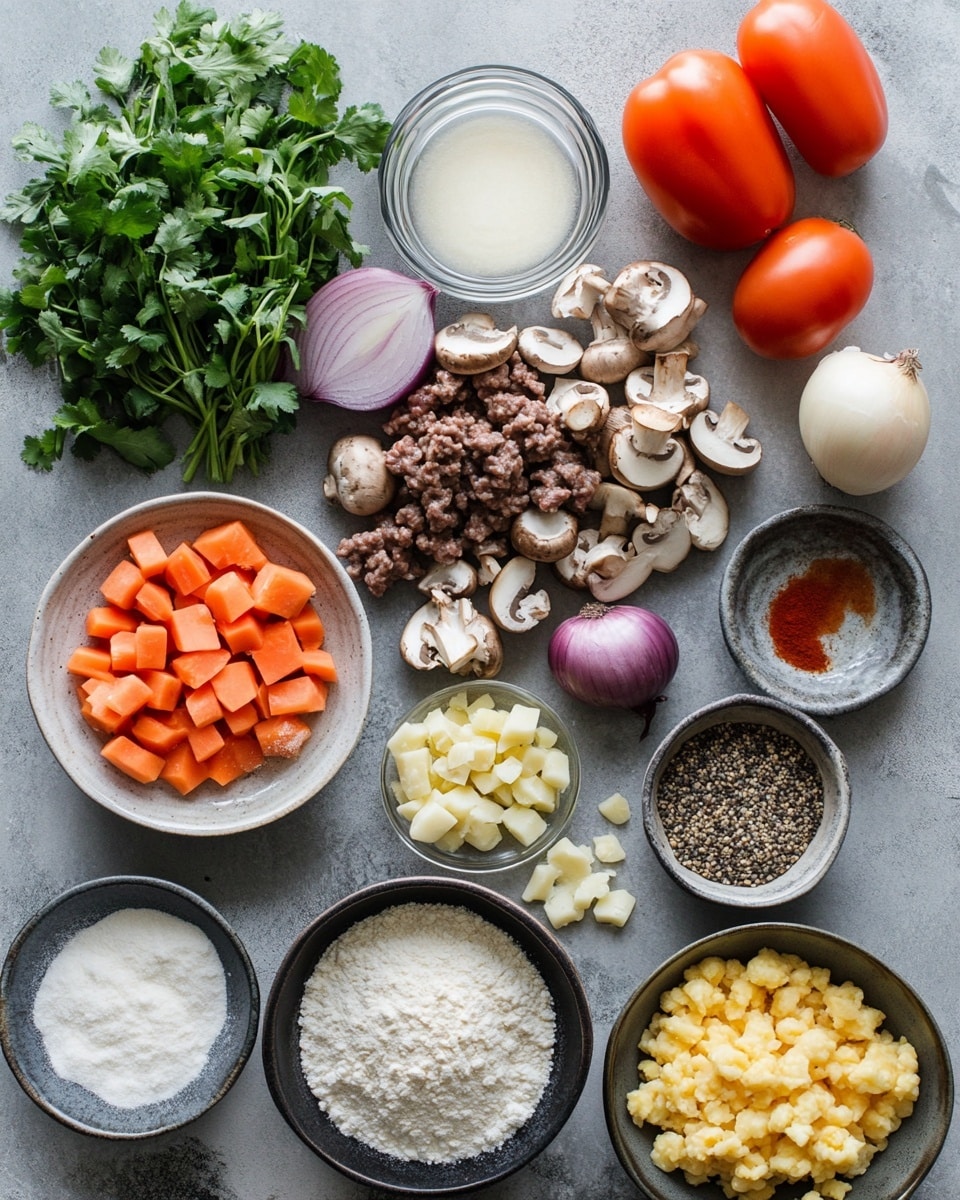 The dish shows a white plate with a light brown rim, sitting on a white marbled surface with small green herb leaves scattered around it. The base layer is a mix of cooked lentils, ground meat, and small colorful vegetables including bright orange carrot cubes, yellow corn, and green peas, spread evenly across the plate. On top of this is a layer of six golden brown, crispy potato pieces, each topped with melted orange cheese and sprinkled with chopped green herbs. A silver fork with a dark wooden handle rests on the right side of the plate. Photo taken with an iphone --ar 4:5 --v 7