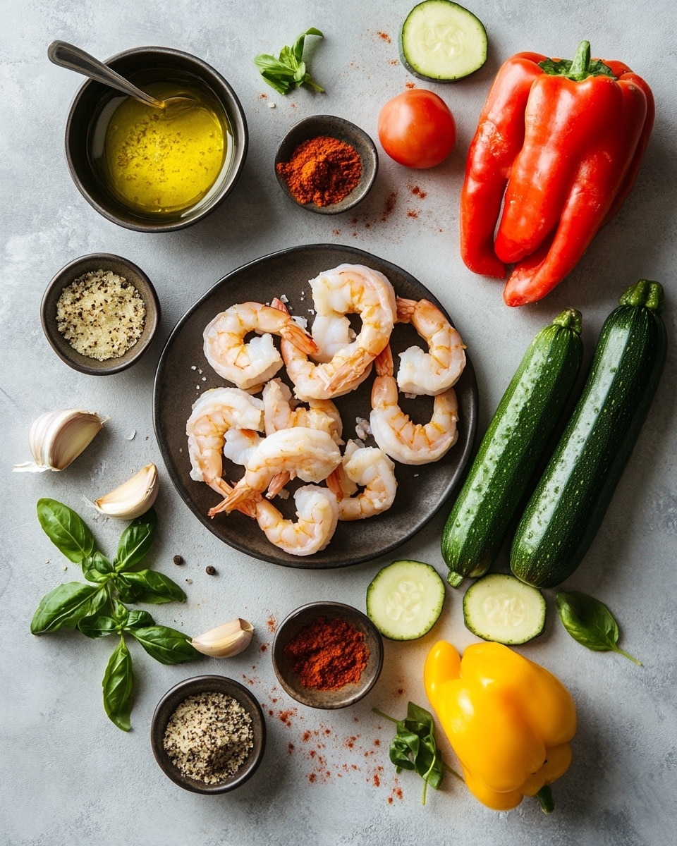 A black speckled pan filled with a colorful mix of cooked shrimp and sautéed vegetables sits on a white marbled surface. The shrimp are orange with a slight char and are mixed evenly with bright green zucchini slices, orange bell pepper pieces, and some red bell pepper strips, all glistening with seasoning and small bits of herbs. The shrimp and vegetables look tender and are arranged to fill the pan evenly, showing a mix of round and angular shapes in a warm, inviting color palette. In the background, a small white bowl with chopped green herbs and a bowl of peppercorns can be seen slightly blurred. photo taken with an iphone --ar 4:5 --v 7