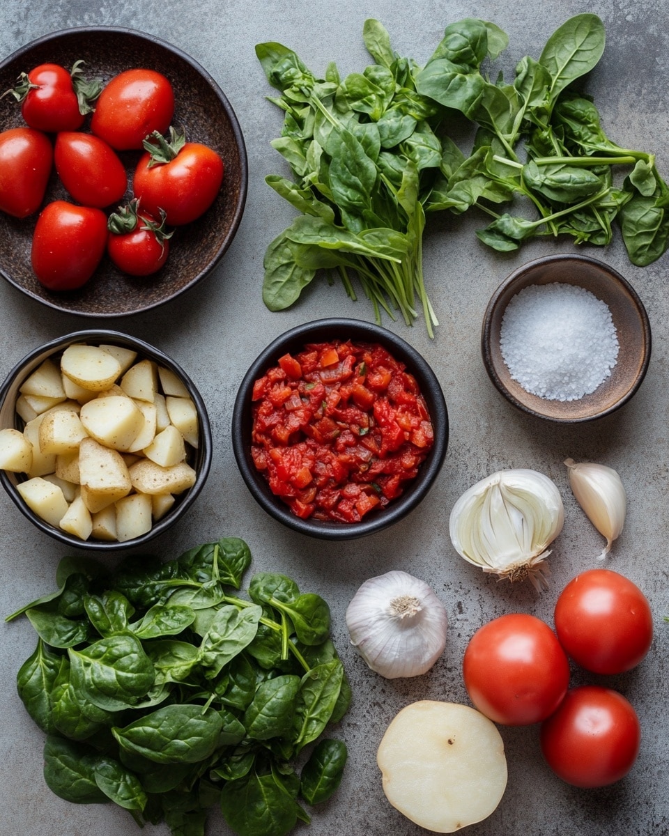 A white pot filled with a stew-like dish that has three main layers: the bottom layer is an orange-red sauce with a smooth texture, the middle layer consists of small chunks of light yellow potatoes and bright orange bell peppers, and the top layer has pieces of cooked ground meat mixed with green spinach leaves. A wooden spoon with a dark brown handle is resting inside the pot on the right side. The pot sits on a stovetop with a white marbled surface behind. Photo taken with an iphone --ar 4:5 --v 7