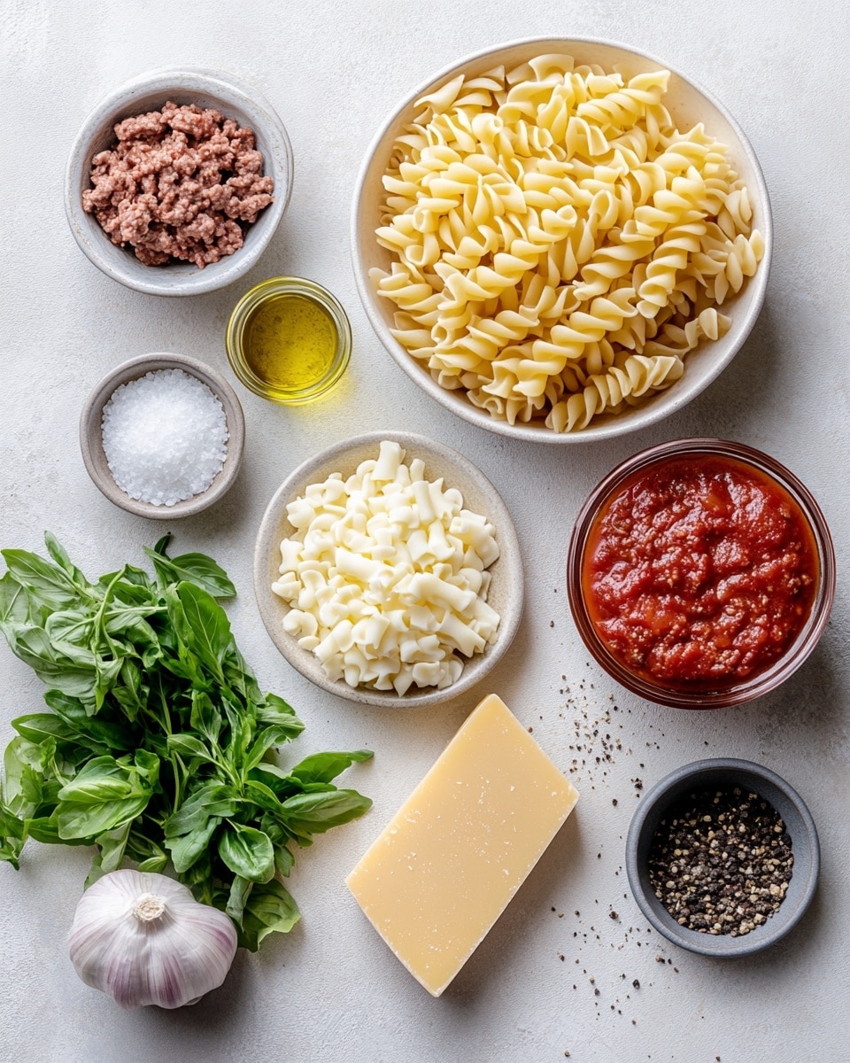 The dish is a skillet filled with crinkle pasta mixed with a thick red sauce and small chunks of browned meat, all covered by a layer of melted, slightly golden cheese. The pasta and meat form the bottom layer, showing a reddish-orange mix with the pasta's ridged texture clearly visible. The top layer consists of creamy melted cheese, bubbling slightly on the edges where it meets the black cast iron skillet. A wooden spoon scoops a portion from the pan, lifting a mixed section of pasta, meat, and cheese, with the skillet resting on a white marbled surface. Photo taken with an iphone --ar 4:5 --v 7