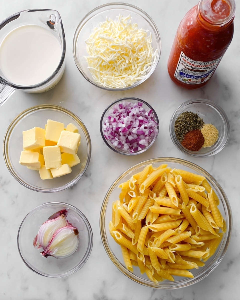 Several clear glass bowls and a clear measuring jug are arranged on a white marbled surface, each containing different ingredients. One small bowl holds yellow butter slices with melted butter around them. Another small bowl has mixed spices, including a brownish paste, dried herbs, salt, and red flakes. A third small bowl contains finely chopped red onion and minced garlic. A fourth bowl is filled with shredded pale yellow cheese. The measuring jug is half-filled with white milk. A large clear glass bowl is filled with dry uncooked golden-yellow penne pasta. To the right of these bowls is a glass jar of red tomato puree with a white cap and colorful label. photo taken with an iphone --ar 4:5 --v 7