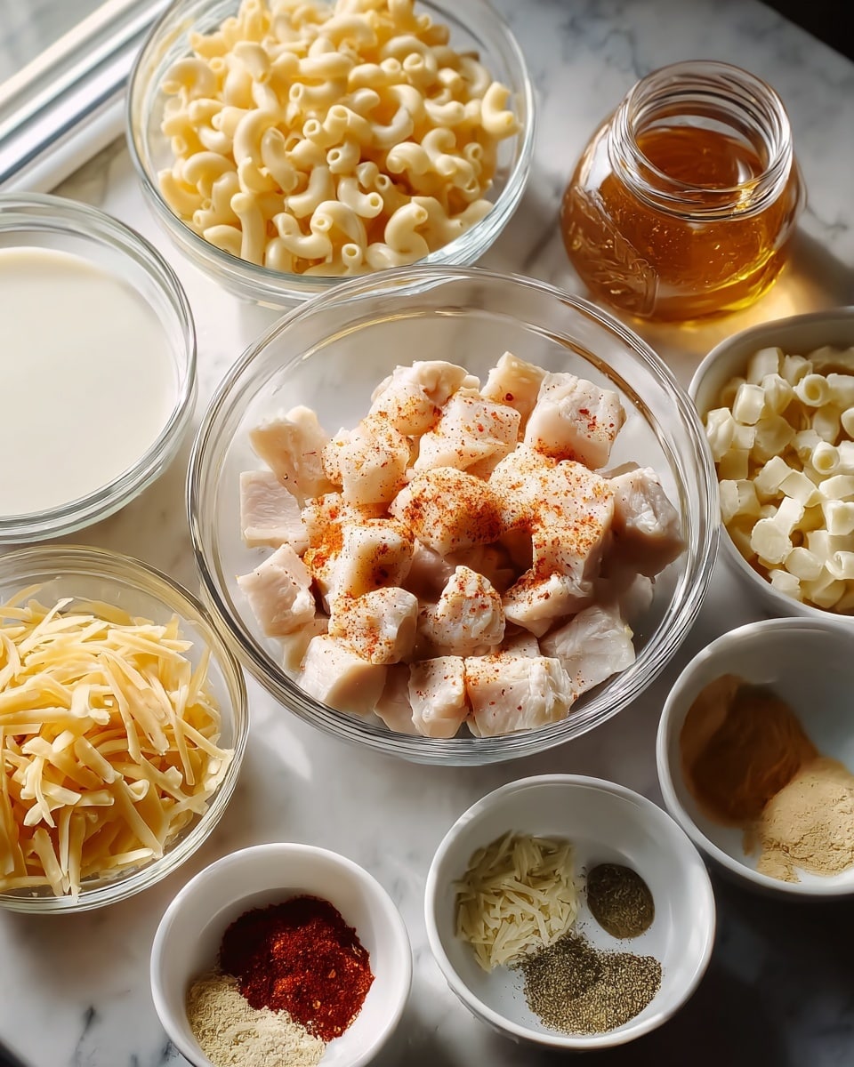 A top-down view of several small clear glass bowls and white bowls arranged on a white marbled surface. The small bowls contain different ingredients: one with pale yellow cooked elbow macaroni, one with white sauce or cream, one with raw white chunks of meat sprinkled lightly with red seasoning, one with a golden liquid like honey or syrup, and one with thin shredded pale cheese. There are two small white bowls filled with fine powders and spices: one with shredded white cheese, and one with three spices in light beige, dark green, and brown colors. Additionally, there is a small glass jar filled with a deep red spice blend. Light comes from the left, casting soft shadows. photo taken with an iphone --ar 4:5 --v 7
