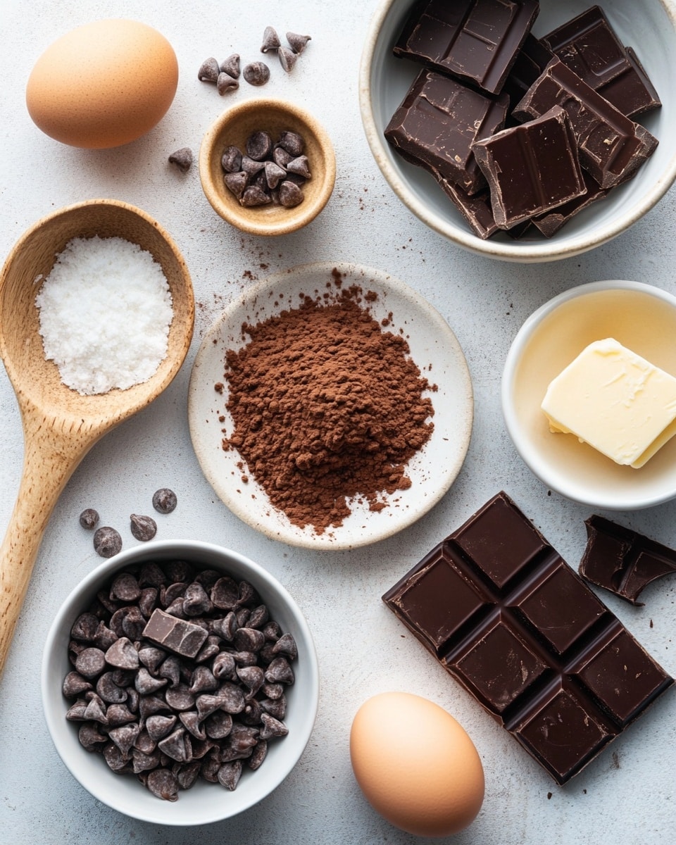 The image shows a batch of thick, square brownies cut into smaller pieces, arranged closely on a light brown parchment paper over a white marbled surface. Each brownie piece has two main layers: a dense, dark chocolate layer at the bottom and a golden, slightly cracked cookie-like layer on top with melted chocolate spots scattered unevenly across. Some brownies have small piles of coarse salt sprinkled on top, adding a shiny texture. The melted chocolate is shiny and oozing slightly, blending into the golden top layer in irregular patterns, and some chocolate chips are visible. One piece is standing on its side revealing the dark bottom layer clearly. photo taken with an iphone --ar 4:5 --v 7