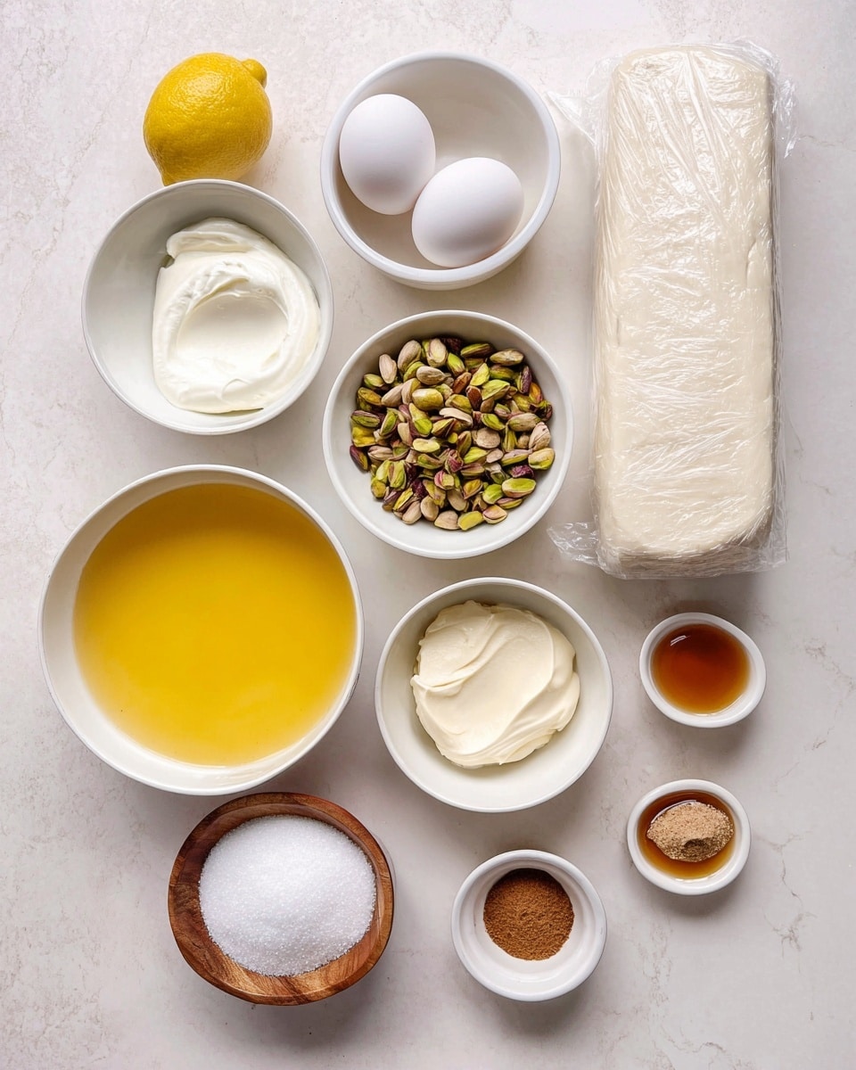 A top view of various baking ingredients neatly arranged on a white marbled surface, including a large white bowl filled with bright yellow melted butter at the bottom left and half a lemon beside it, two white eggs placed near the center, a small white bowl filled with shelled green pistachio nuts, another medium white bowl piled with brown walnut halves, a glass cup with golden honey, and a block of white dough wrapped in plastic on the right side. Scattered among these are smaller white bowls with white sugar, brown cinnamon powder, a creamy white mixture in two containers, a small glass bowl with water, a tiny bowl with a brown liquid, and a small wooden bowl with white granulated sugar. photo taken with an iphone --ar 4:5 --v 7