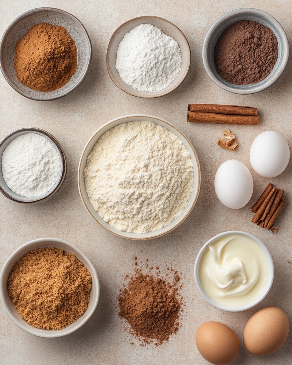 The image shows six rectangular pieces of cinnamon-flavored cake arranged in two rows on a white plate. Each piece has visible layers: a base layer of light brown, soft cake, a middle layer with a darker brown swirl of cinnamon, and a top layer of thick white icing drizzled in stripes down the sides. The cakes are sprinkled with a fine dusting of cinnamon powder on top and some drops of creamy sauce drip down on the plate. The plate sits on a white marbled surface. photo taken with an iphone --ar 4:5 --v 7
