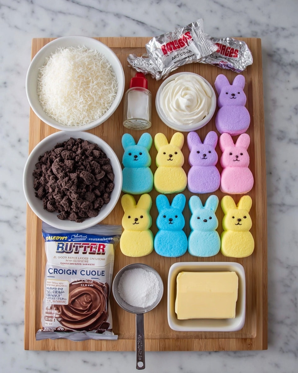 The image shows a wooden board with baking ingredients neatly arranged on a white marbled surface. At the top left are four rows of marshmallow bunny shapes in pastel purple, pink, yellow, and blue colors, each with small brown eyes. Next to the marshmallows is a white bowl filled with shredded coconut, above a small bottle of red food coloring. To the right, a small metal measuring cup holds white powdered sugar. Below, a large white bowl contains white fluffy whipped cream. In the center, a white bowl is filled with crumbled dark chocolate cookies. At the bottom right corner, there is a purple box of chocolate JELL-O, a wrapped cream cheese package, and a stick of unsalted butter in a yellow wrapper. Photo taken with an iphone --ar 4:5 --v 7