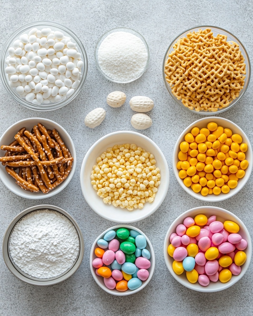 A clear glass bowl sits on a white marbled surface filled with a snack mix composed of three layers: the bottom layer is lightly coated with a white powdery substance, the middle layer features light brown, square cereal pieces with a rough texture, and the top layer is scattered with small, round candy-coated chocolates in bright colors including red, yellow, green, orange, blue, and purple, alongside light brown pretzel shapes dusted with the same white powder. The overall look is a colorful and textured mix with shades of white and light brown as the base and vivid candy colors scattered evenly on top photo taken with an iphone --ar 4:5 --v 7