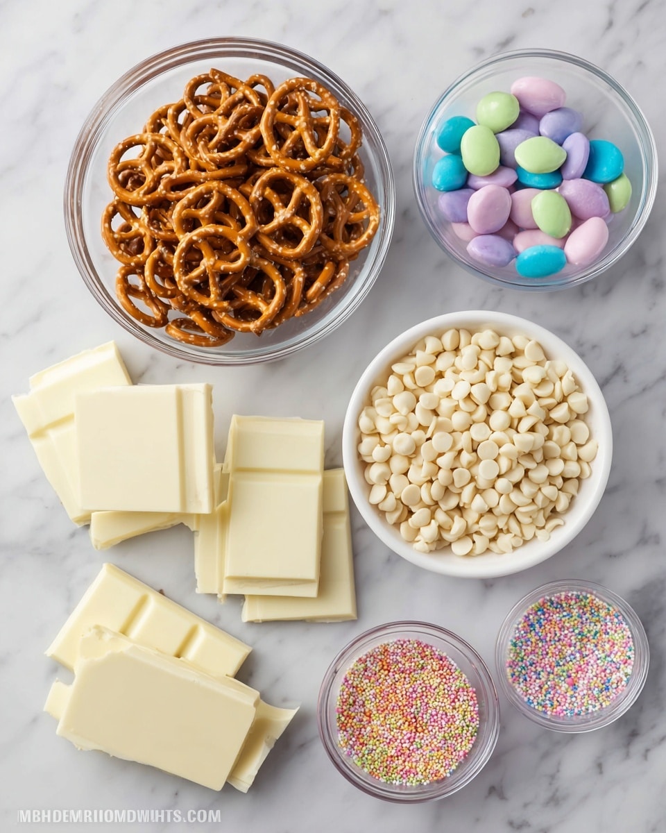 The image shows six bowls and stacks of white chocolate pieces on a white marbled surface. Starting from the top left, there is a clear bowl filled with small pretzel sticks and round pretzel shapes, all golden brown with a sprinkling of salt. To the top right, a clear bowl contains colorful candy-coated chocolate pieces in pastel shades of pink, blue, green, yellow, and purple. Below the pretzels, there are three large pieces of white chocolate that have a smooth, creamy texture with square segments. To the right of the chocolate bars, there are two white square pieces of a block-like ingredient. Below the candy pieces, a clear bowl is filled with small white chocolate chips that look smooth and shiny. At the bottom left, a white bowl is full of dry roasted peanuts with a light brown color and some peanuts still in their shells. Lastly, at the bottom right, a small clear bowl holds tiny pastel-colored round sprinkles in blue, purple, yellow, white, and pink. The whole setup is neat and arranged on a white marbled surface, photo taken with an iphone --ar 4:5 --v 7