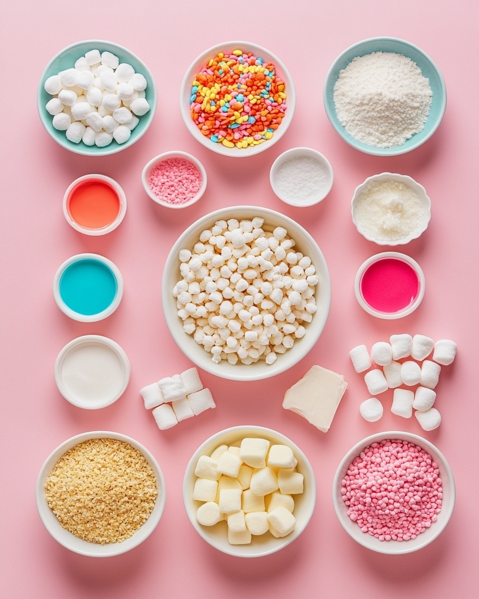 The image shows a close-up of colorful round treats made from puffed rice cereal, stacked closely together on a white plate. Each treat is molded into an egg-like shape and coated evenly in bright, shiny colors including yellow, purple, green, red, and blue. The texture is bumpy and sticky from the marshmallow binding the puffed rice pieces together. The background is a white marbled texture, making the vivid colors of the treats stand out. Photo taken with an iphone --ar 4:5 --v 7