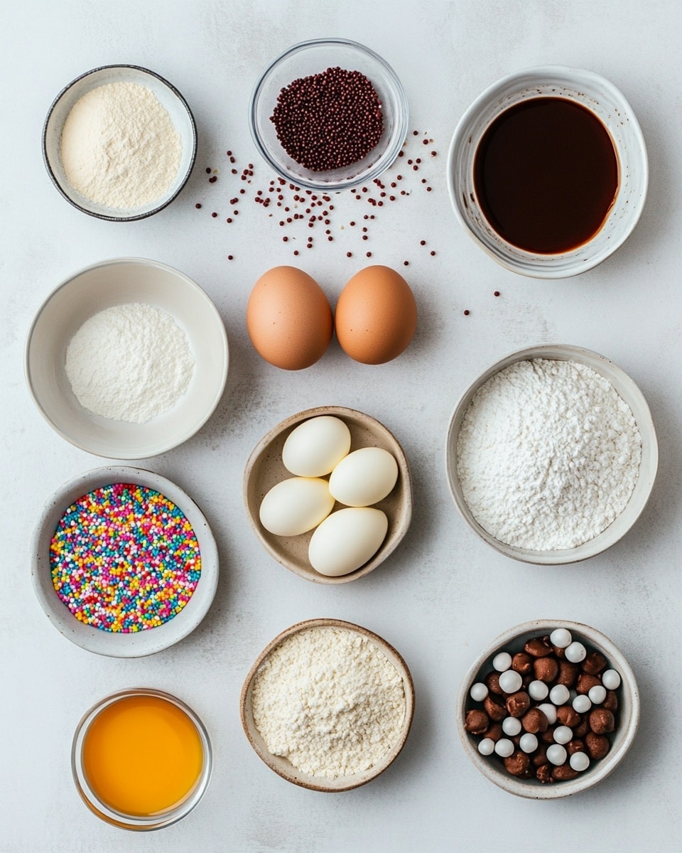 A top-down view of several white dishes placed on a white marbled surface, each containing different baking ingredients. There are three brown eggs placed directly on the surface on the left side. The largest white bowl holds a mound of white flour piled high. Surrounding it are smaller white bowls with white granulated sugar, yellow butter cubes, white powder (baking powder or soda), a small amount of white liquid in a tiny white pitcher, dark brown vanilla extract, and bright yellow lemon zest. The whole setup looks clean and simple, ready for baking photo taken with an iphone --ar 4:5 --v 7