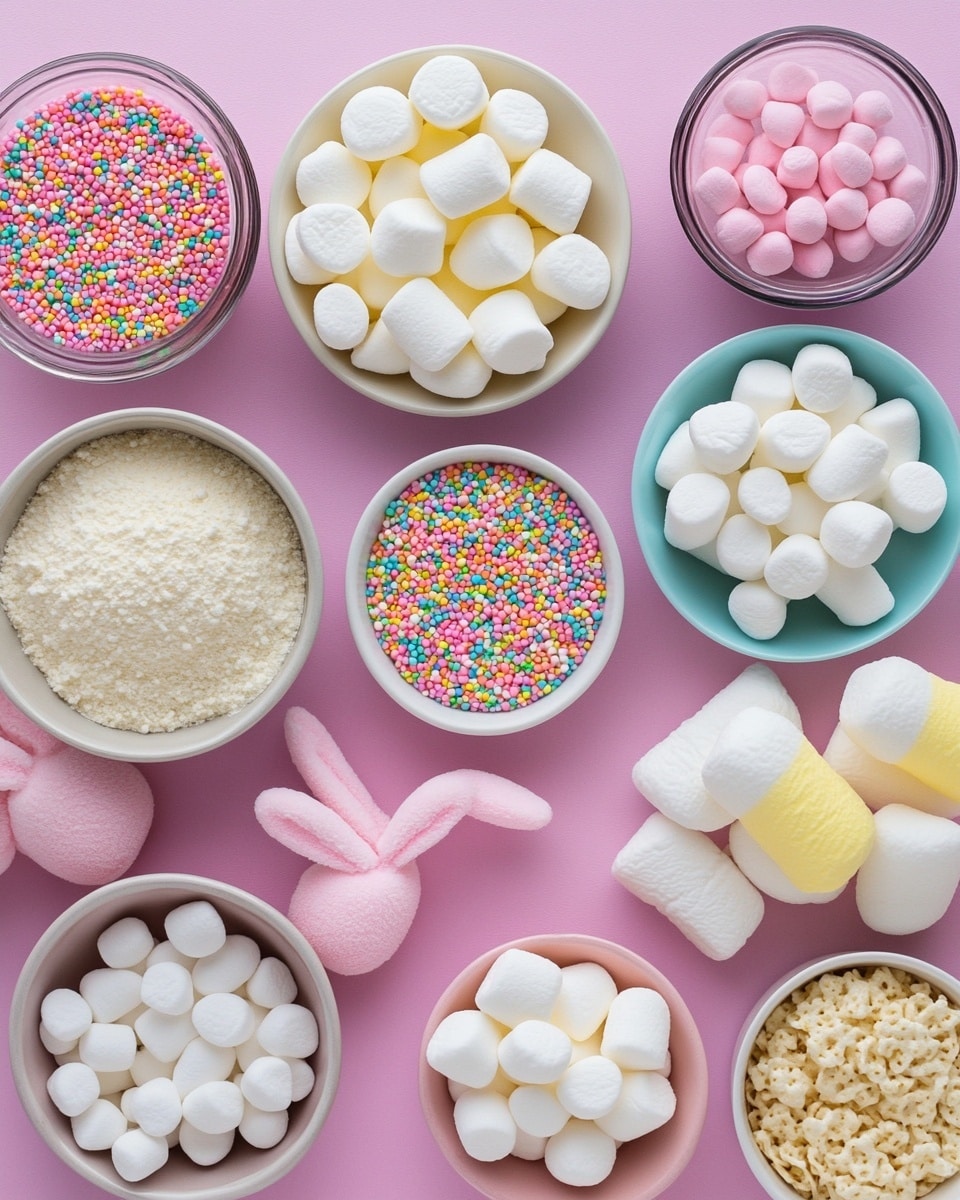 The image shows several square treats made of light tan puffed rice cereal mixed with white marshmallow, scattered with colorful rainbow sprinkles, laid neatly on white parchment paper over a wooden tray. Each treat has one pastel-colored marshmallow candy shaped like a bunny on top, in bright blue, yellow, or pink, with small dark eyes and nose details. The texture of the cereal pieces is bumpy and crunchy, while the marshmallow bunnies look soft and fluffy. The background has a white marbled texture with a soft pink cloth visible near the tray. photo taken with an iphone --ar 4:5 --v 7