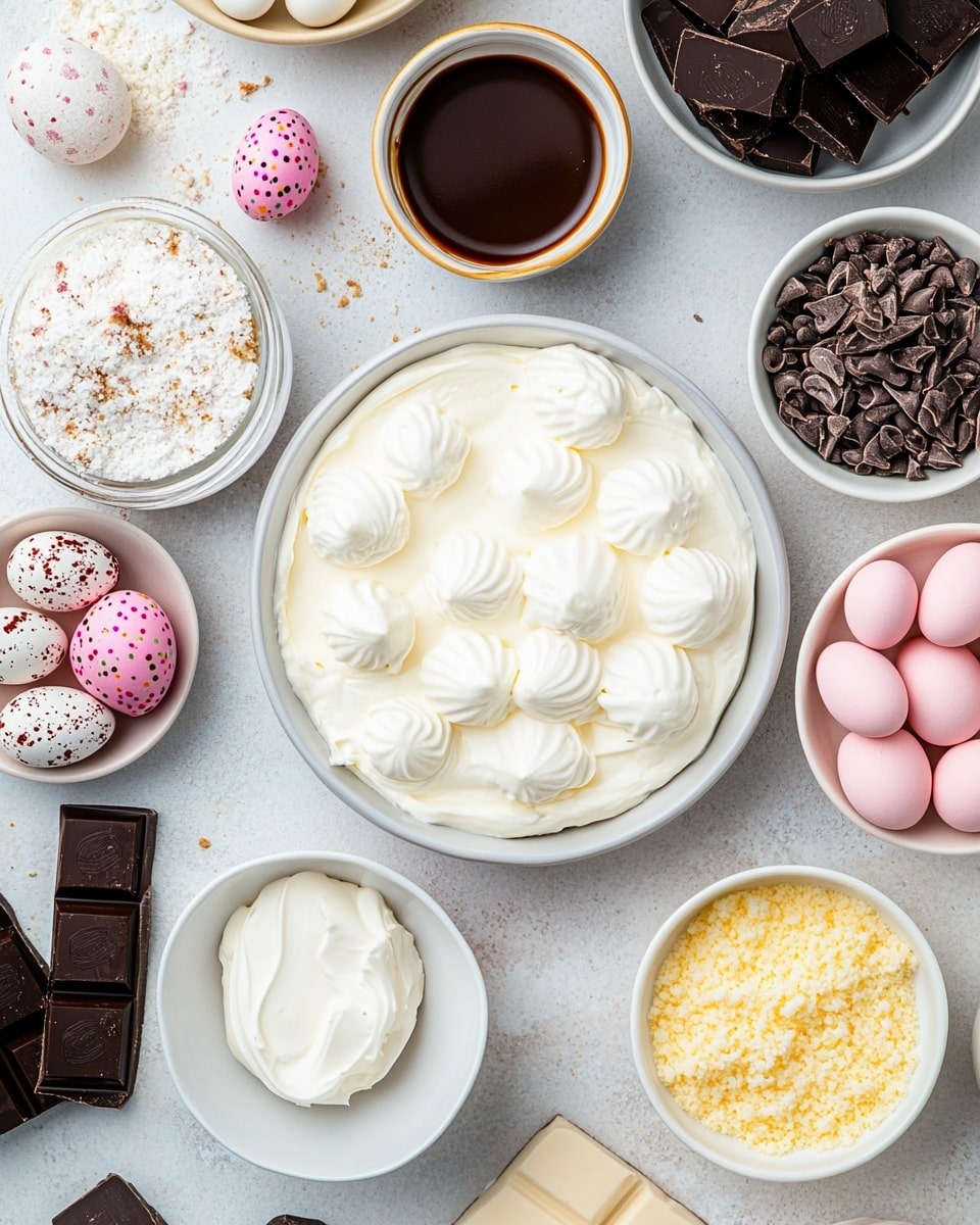 The image shows a round layered cake on a clear glass plate. The bottom layer is a light beige crumbly base, topped with a thick creamy beige filling. A glossy dark chocolate ganache drips down the sides near the top edge. Around the top edge are dollops of white cream, each topped with a halved chocolate egg filled with white and bright orange sections resembling a yolk. Small golden sprinkles decorate the top center, which is smooth and covered with the same dark ganache. The cake sits on a white marbled surface with wrapped yellow, purple, and red candy eggs nearby. Photo taken with an iphone --ar 4:5 --v 7