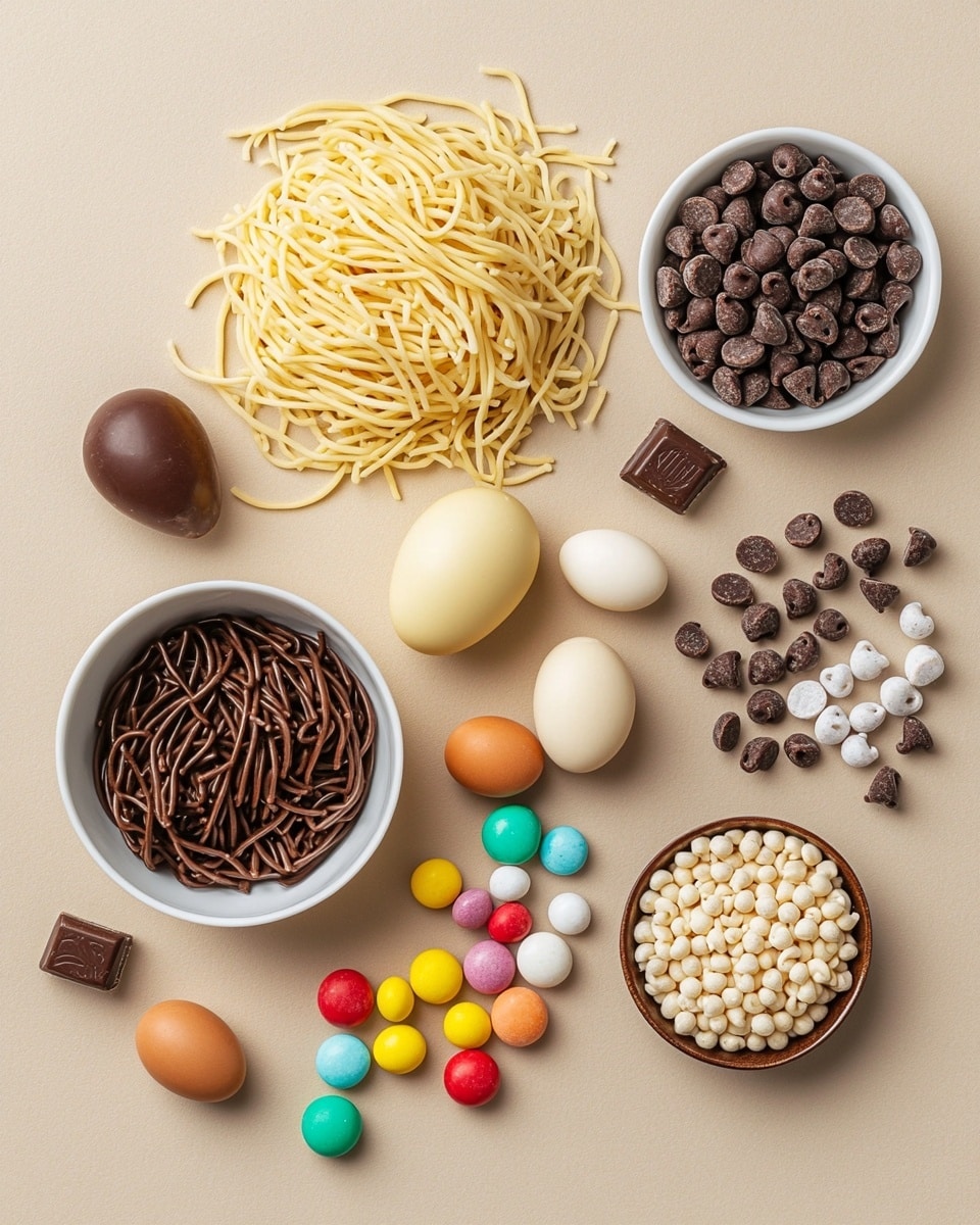 The image shows four small nests made of thin, twisty sticks covered in milk chocolate, forming a rough, textured base. On top of each nest, there are three small, oval eggs with a smooth, shiny surface in bright pastel colors like green, pink, purple, and blue, each with slight speckles. The nests sit on a piece of white parchment paper, which is placed on a natural wooden board with visible grain and bark edges. The overall colors are soft and natural, with the glossy chocolate contrasting the smooth eggs and the rough wooden board. photo taken with an iphone --ar 4:5 --v 7