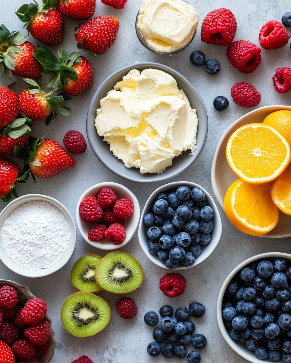 A single fruit tart is shown on a white plate with a textured pattern, placed on a white marbled surface. The tart has three layers: the bottom is a round, light brown cookie base, the middle layer is a smooth white cream spread evenly, and the top features a colorful arrangement of fresh fruit slices. Starting from the base upwards, there is a half-slice of green kiwi positioned at the bottom, followed by a few halved red strawberries. In the middle, bright orange mandarin segments are placed, and small round dark blue blueberries fill the gaps between the fruits, creating a vibrant mix of colors. In the background, a wooden board with more tarts can be partially seen, also topped with similar fruit layers. Scattered blueberries and a raspberry sit near the plate on the white marbled surface. photo taken with an iphone --ar 4:5 --v 7