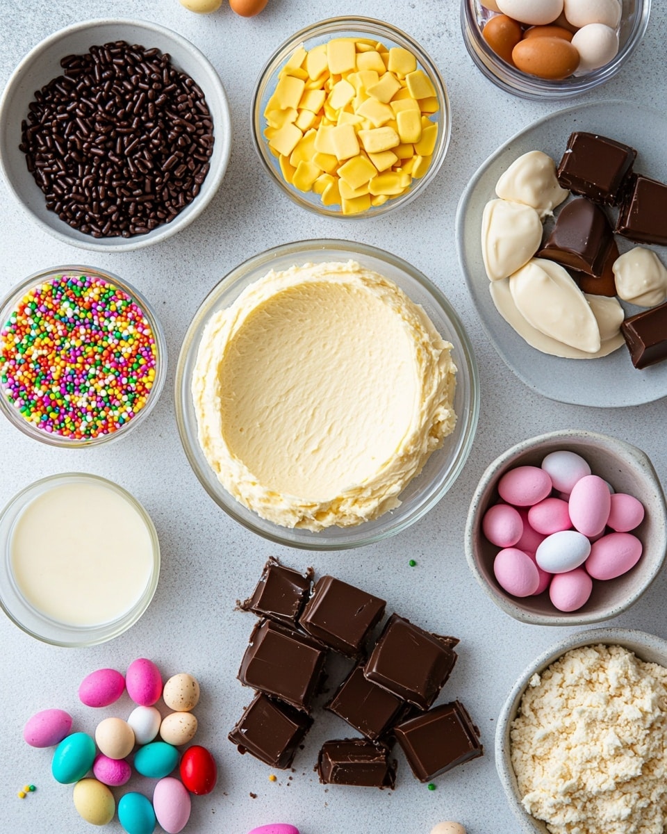 The image shows several small cupcakes on a white plate with curved edges, placed on a white marbled surface. Each cupcake has a golden-brown base topped with a thick layer of bright green frosting that looks like grass, covered with small colorful sprinkles in the shape of butterflies and other small shapes. On top of the green frosting, there are two or three small egg-shaped candies in pastel colors like light blue, yellow, white, and pink, arranged to look like a nest. Soft pink tulip flowers are blurred in the background, adding a gentle touch to the scene. photo taken with an iphone --ar 4:5 --v 7
