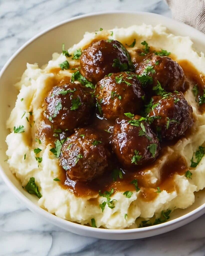 Salisbury Steak Meatballs with Garlic Herb Mashed Potatoes Recipe