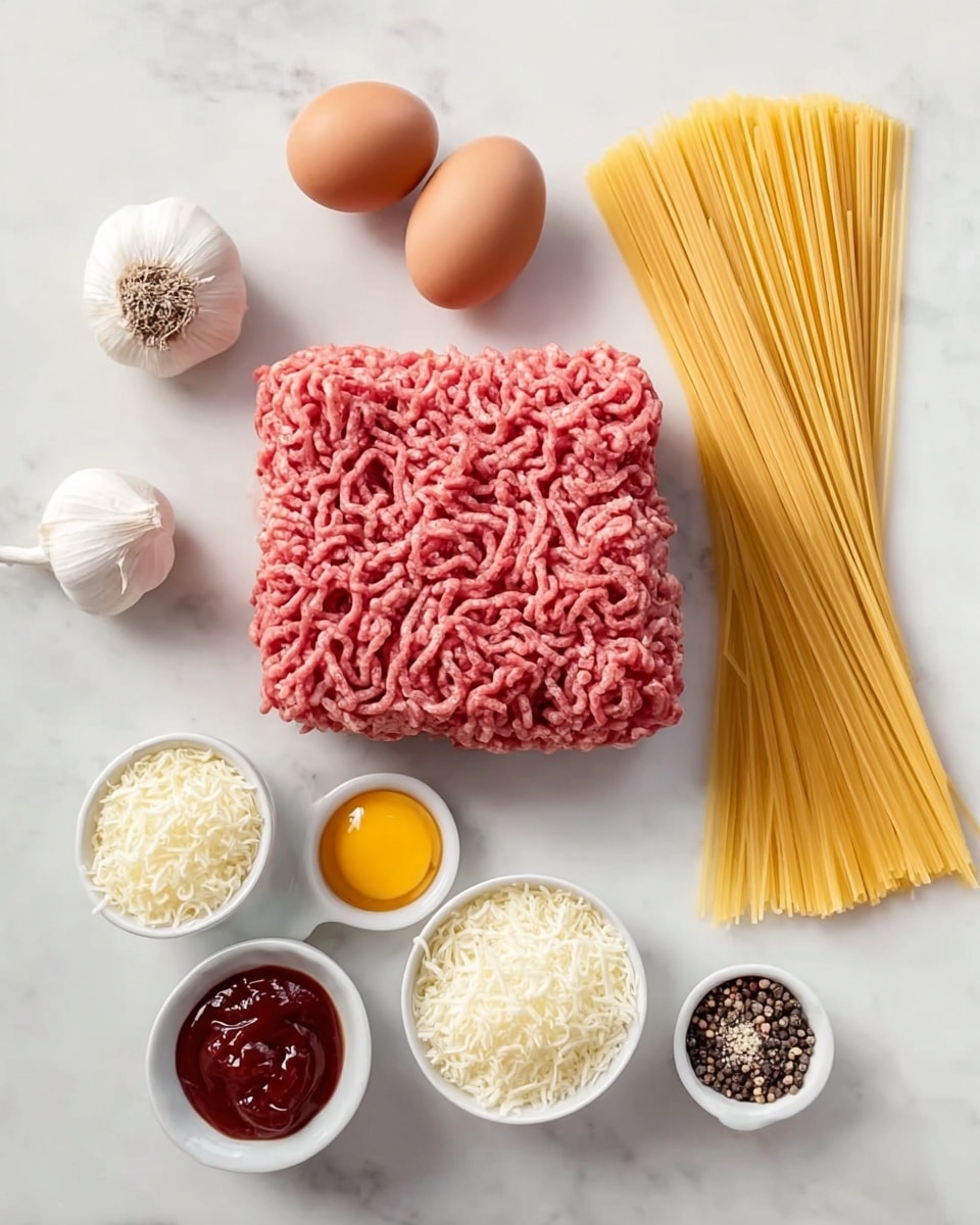 The image shows a flat lay of raw ingredients on a white marbled surface. In the center, there is a square pile of raw ground meat with a pink color and coarse texture. To the right of the meat, there is a small white bowl holding a single egg yolk with a smooth, shiny surface. Above the yolk, there is a bundle of uncooked spaghetti, yellow in color, fanned out with straight lines. On the left side of the meat, there are two heads of white garlic and three brown eggs arranged in a triangle shape. Below the meat, there are three small white bowls: one filled with a dark red sauce that looks thick and glossy, one with shredded white cheese, fluffly in texture, and one with a mix of black and white peppercorns. The overall scene is clean with neat placement of all items photo taken with an iphone --ar 4:5 --v 7