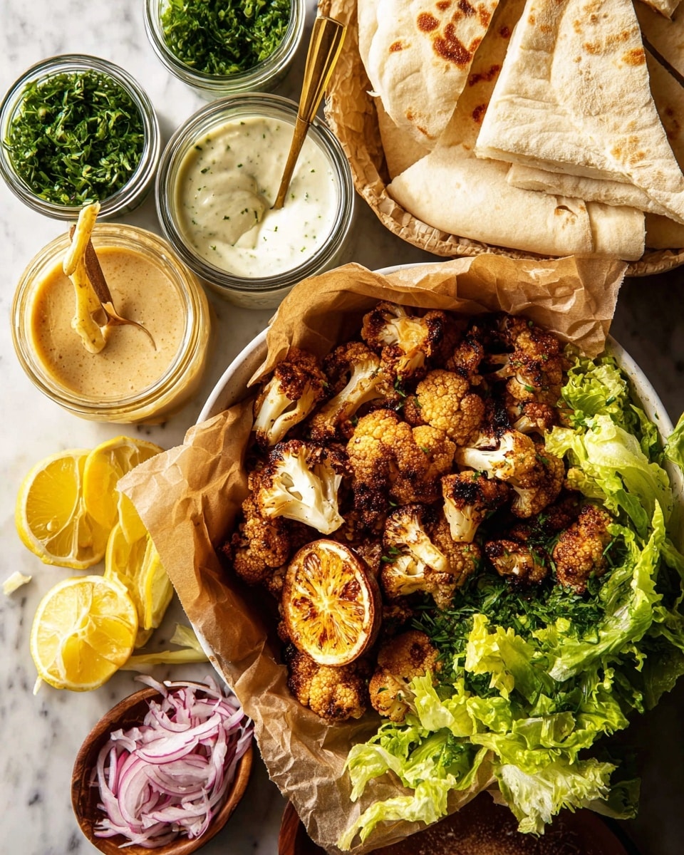 A top-down view of a meal with roasted brown cauliflower florets in a white bowl lined with parchment paper at the center. To the left, there is a small glass bowl of green sauce with a spoon, and above it, a bowl of thinly sliced red onions and fresh green parsley leaves. At the top right, there are slices of white pita bread, and below them, thinly sliced bright green lettuce. Lemon wedges are placed along the bottom right edge next to a small glass bowl of thick orange sauce. The whole scene is set on a white marbled surface. photo taken with an iphone --ar 4:5 --v 7