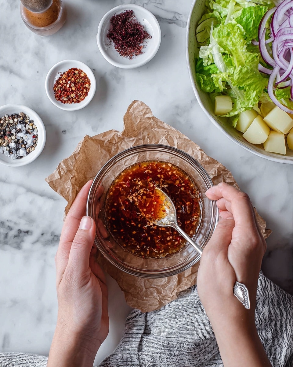 A white speckled bowl filled with a colorful potato salad that has about three main layers: soft yellow potato chunks, thinly sliced red onions with a bright purple color, and shaved orange carrot pieces, all mixed with fresh green leafy herbs and small bits of green lettuce. Two long wooden salad spoons rest on one side of the bowl. The bowl sits on a white marbled surface with a grey and white striped cloth nearby. Photo taken with an iphone --ar 4:5 --v 7