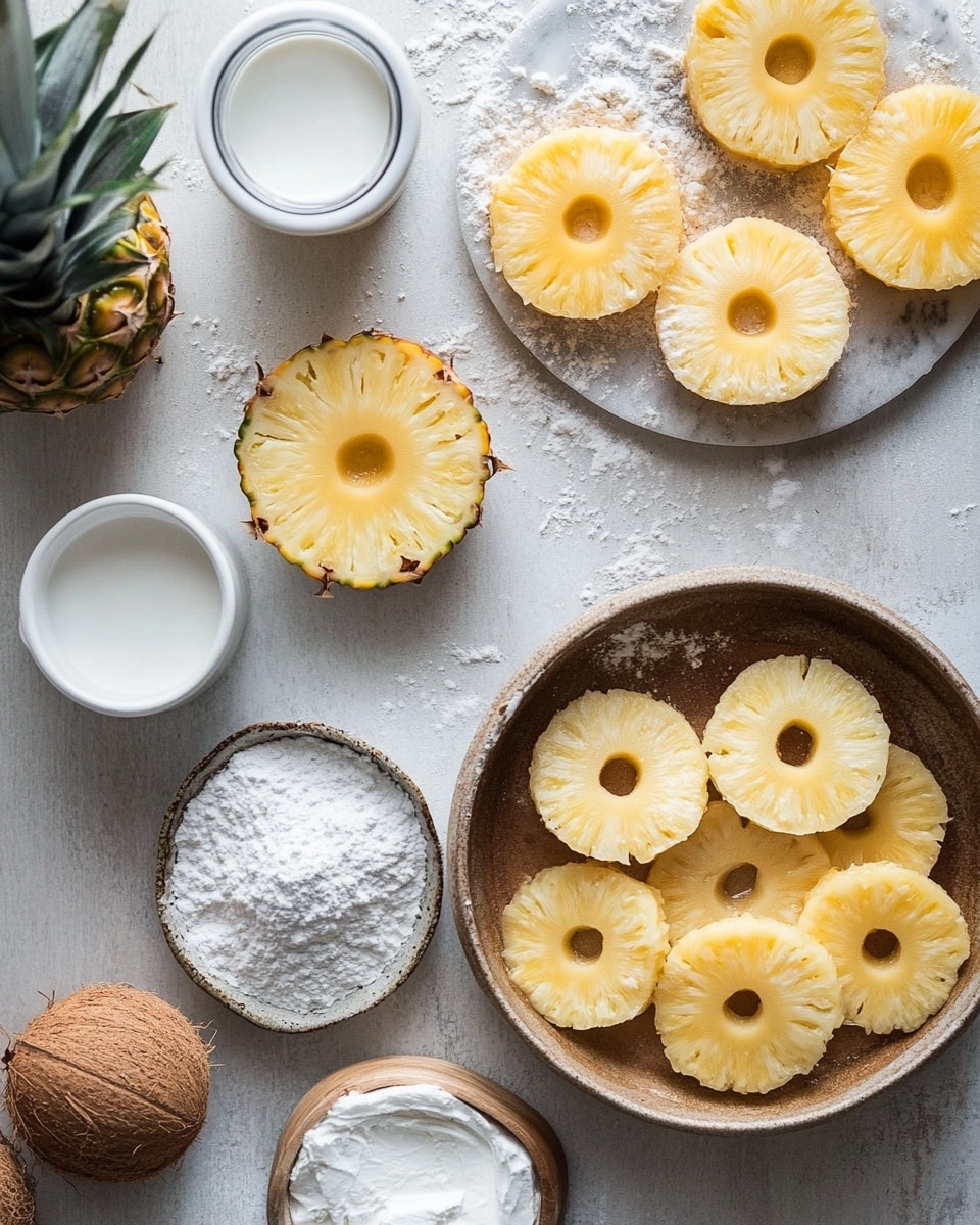 A white plate holds several golden-brown crispy rings made from pineapple slices covered in toasted coconut flakes that add rough texture to the outer edges. The pineapple rings are arranged around a small white cup filled with creamy light yellow sauce, placed in the center of the plate. A small green parsley garnish is near the sauce cup, adding a touch of color. The background is a white marbled surface. Photo taken with an iphone --ar 4:5 --v 7