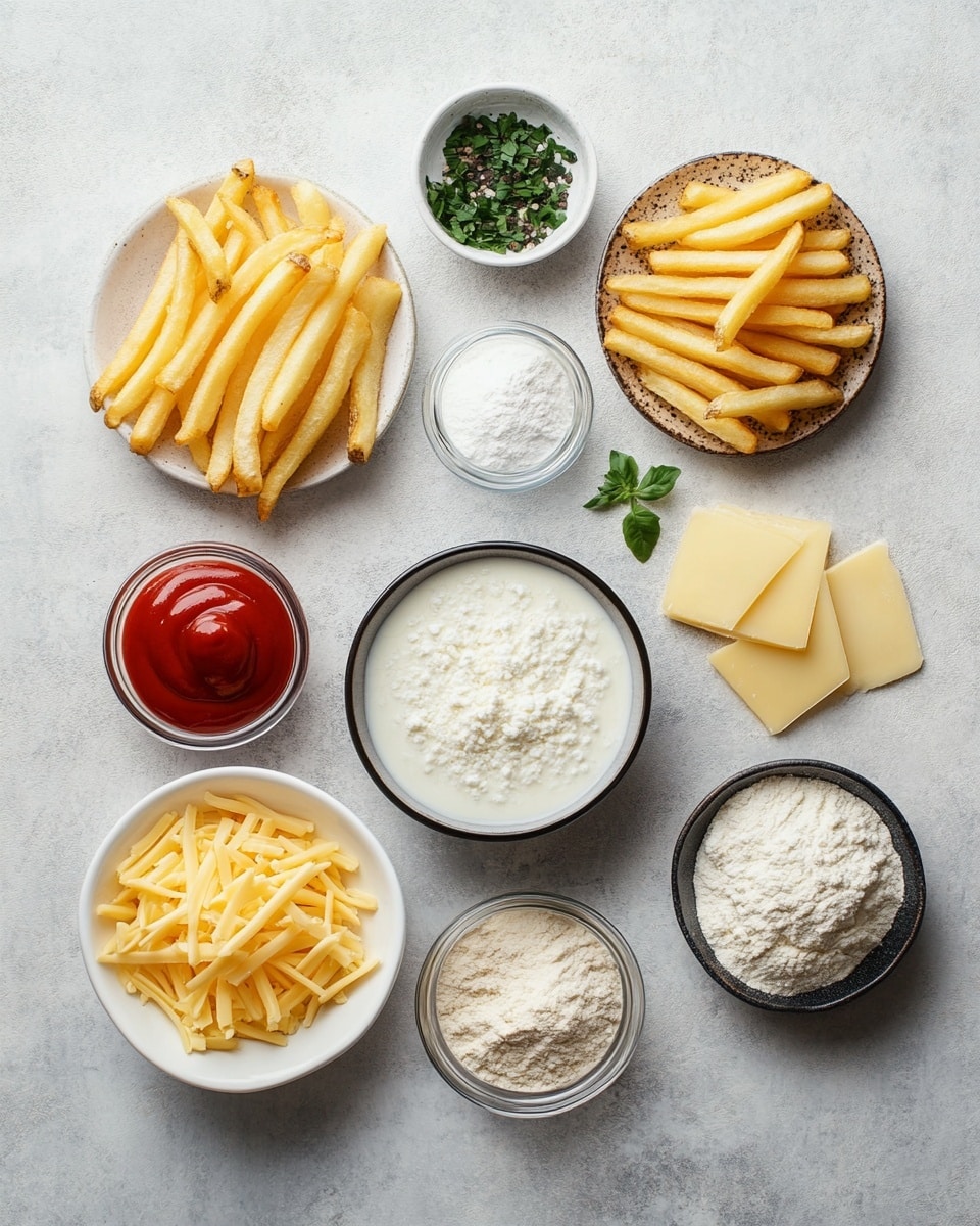 A rectangular basket lined with parchment paper holds a pile of golden-brown French fries with crispy textures. The fries are covered in a smooth, creamy cheese sauce that is light yellow in color, and sprinkled with finely chopped green herbs and a reddish spice powder. In the background, there is a white marbled surface and a small round bowl partly visible. The overall look is warm and inviting, with a focus on the rich melted cheese on the fries. Photo taken with an iphone --ar 4:5 --v 7