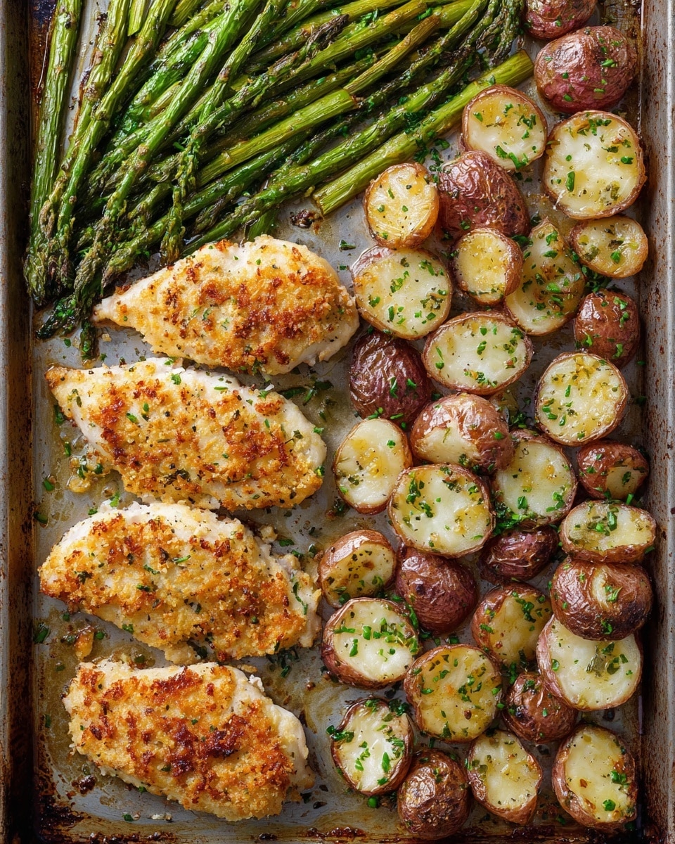 Sheet Pan Crispy Parmesan Garlic Chicken with Roasted Potatoes and Asparagus Recipe