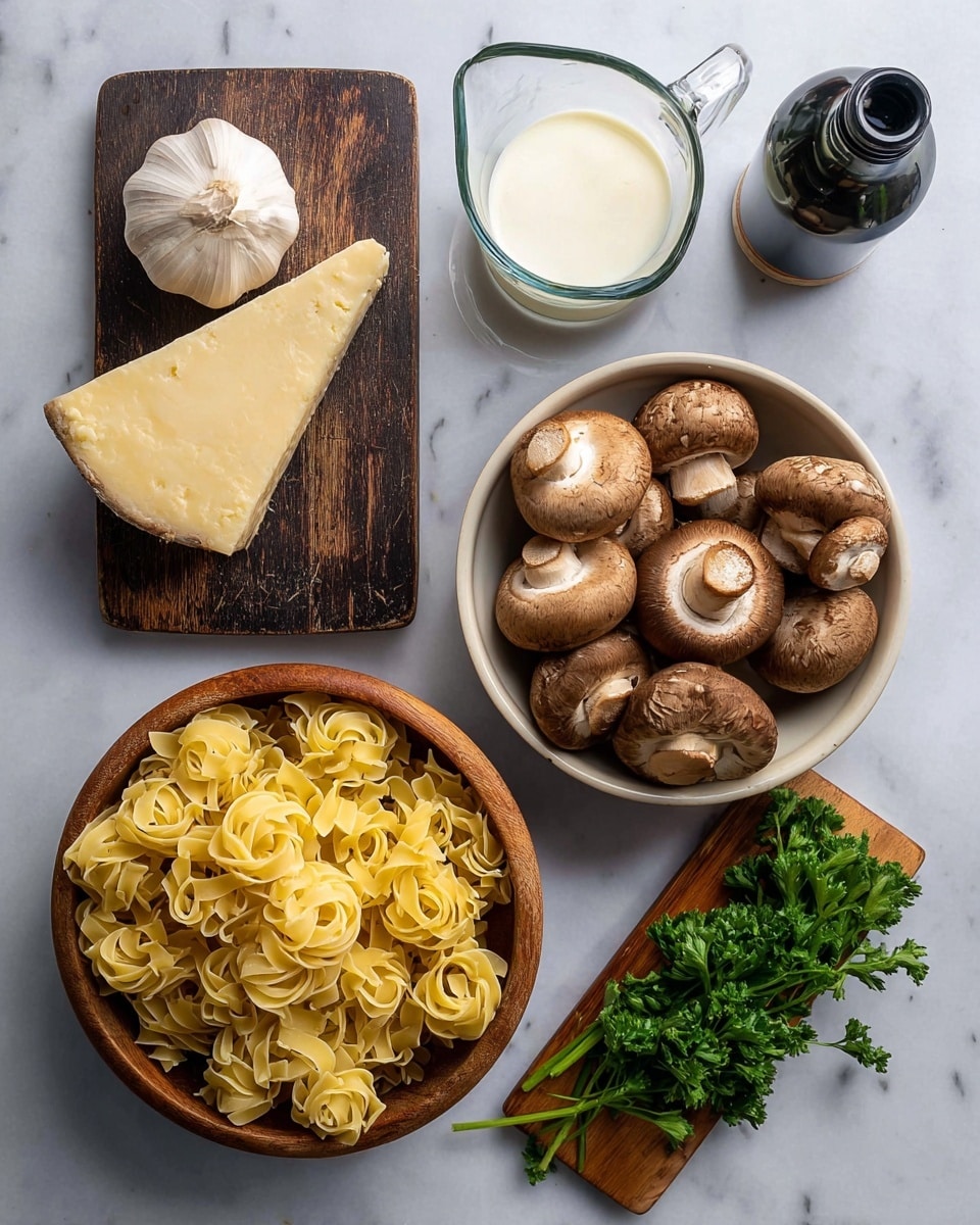 The image shows a flat lay of ingredients on a white marbled surface. At the top left, there is a dark wooden cutting board with a wedge of hard yellow cheese on it. To its right, a small light wood board holds fresh green parsley with long stems. In the center, a whole head of white garlic sits between a bowl of light brown mushrooms on the right and a clear glass measuring cup filled with white cream on the left. At the bottom left, a wooden bowl is filled with neat nests of light yellow tagliatelle pasta. At the bottom right corner, there is a bottle with a dark top and a golden-yellow body. Photo taken with an iphone --ar 4:5 --v 7