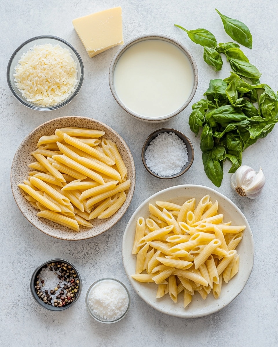 A white plate holds a single layer of creamy penne pasta coated evenly with a thick white sauce. The pasta is sprinkled with finely grated white cheese, small green herb leaves, and tiny red pepper flakes scattered across the top. The sauce looks smooth and rich, with small bits of black pepper mixed in. The plate sits on a white marbled surface with a soft natural light highlighting the textures and colors. photo taken with an iphone --ar 4:5 --v 7