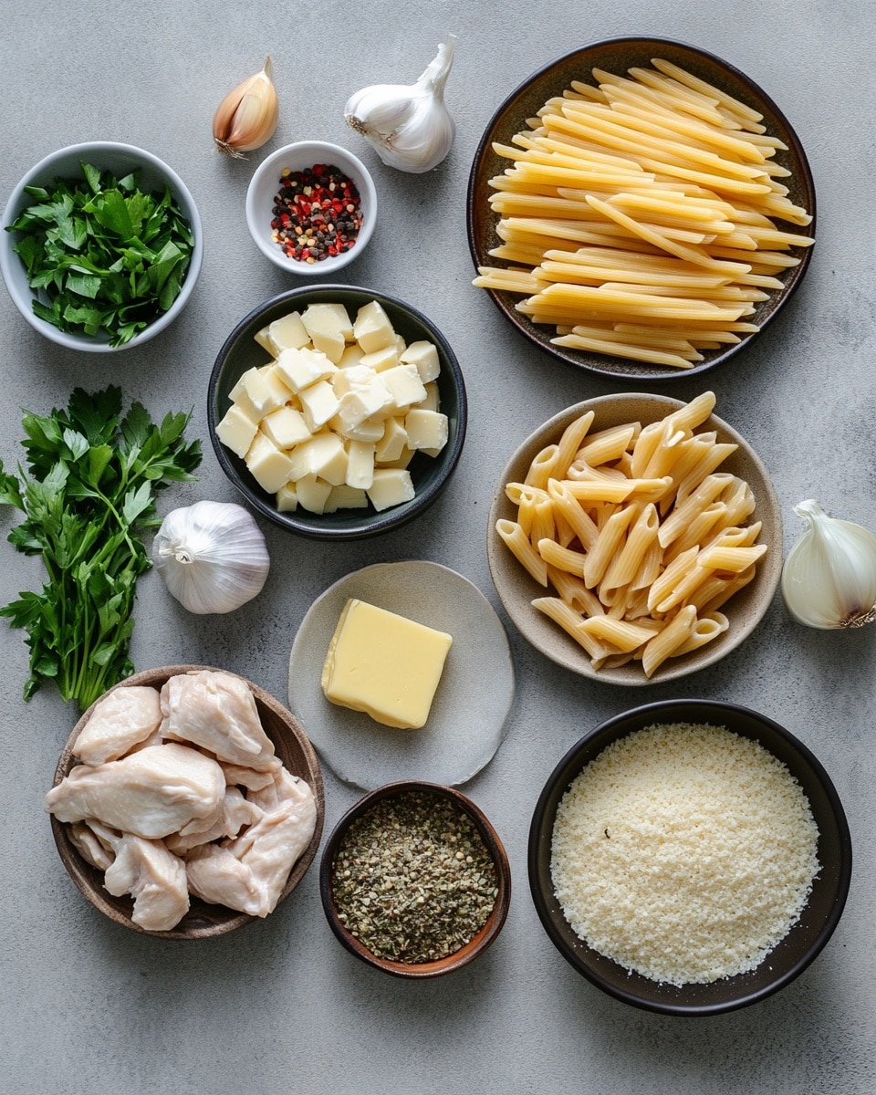 A close-up view of a white bowl filled with creamy orange pasta, twisted noodles covered in a smooth sauce, topped with several pieces of browned, seared chicken scattered across the top. The dish is sprinkled with small, fresh green parsley leaves and black pepper, adding contrast in color and texture. The creamy sauce coats the noodles and chicken evenly, giving a rich and glossy feel. The bowl is placed on a white marbled surface. photo taken with an iphone --ar 4:5 --v 7