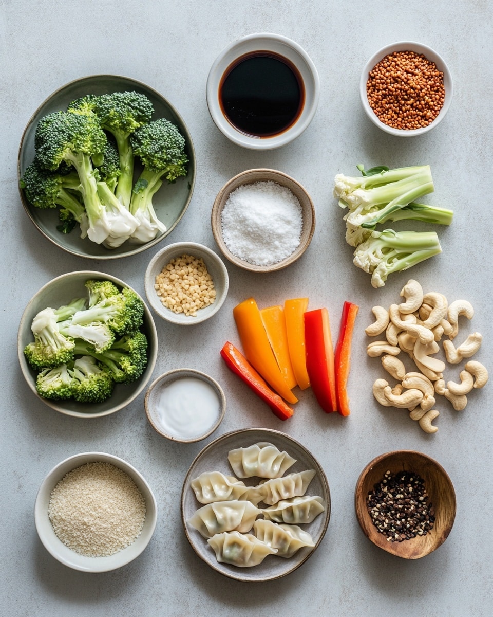 A black pan filled with a colorful mix of sliced vegetables and dumplings. The bottom layer has bright orange carrot slices, green broccoli florets, red bell pepper strips, thin light green cabbage shreds, purple onion slices, and brown mushroom pieces scattered around. On top, there are several light beige dumplings with a smooth texture, placed in the center, covered with a speckled brown sauce with small green herbs. The pan rests on a white marbled surface with a white and gray striped cloth on the left side and a glass bowl with dark sauce on the upper right. Photo taken with an iphone --ar 4:5 --v 7