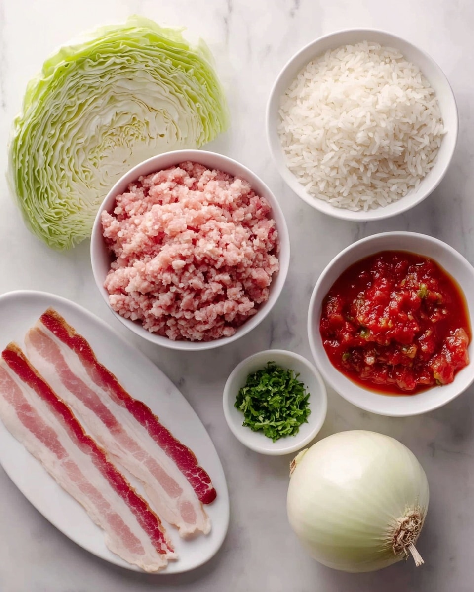 The image shows six ingredients arranged on a white marbled surface. In the center, there is a white bowl filled with pink and white ground meat with a coarse texture. Above it, a white bowl holds uncooked white rice with visible grains. To the right of the rice, a white bowl contains thick red tomato sauce with herbs. Next to the sauce, there is a white bowl filled with chopped fresh green herbs. Below the ground meat, a whole round white onion with its stem is placed. To the left, on a white oval plate, there are four slices of raw bacon with pink meat and white fat stripes. A halved green cabbage with layered, pale green leaves is positioned above the bacon. Photo taken with an iphone --ar 4:5 --v 7