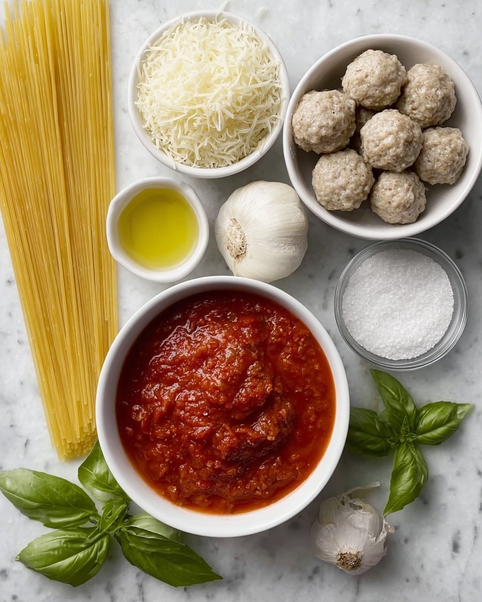 The image shows an overhead view of ingredients arranged on a white marbled surface. In the center, there is a white bowl filled with thick red tomato sauce with a slightly chunky texture. Surrounding it, there is a bowl with pale yellow shredded cheese, six light gray meatballs with visible seasoning, a bunch of uncooked yellow spaghetti strands laying flat, a few bright green basil leaves, a whole bulb of white garlic, a small white bowl with dried green herbs, another small white bowl filled with white salt, and a small clear dish with golden olive oil. The colors are vibrant and the textures range from smooth olive oil to coarse dried herbs and soft shredded cheese photo taken with an iphone --ar 4:5 --v 7