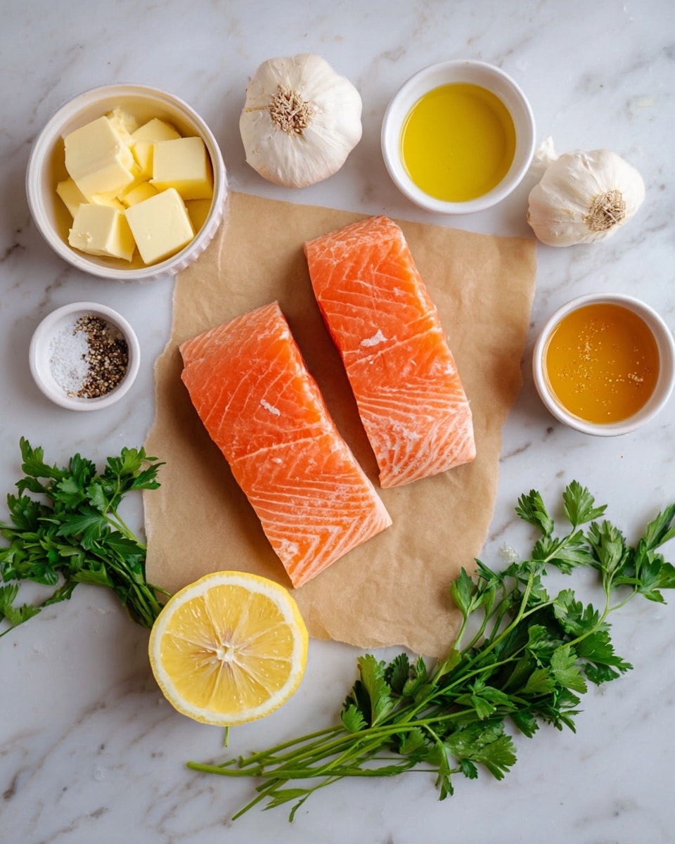 Two bright orange salmon fillets with smooth, shiny surfaces and white lines lay on a piece of light brown parchment paper in the center of a white marbled surface. Above the salmon, there is a yellow lemon half with visible seeds and texture. To the left of the salmon, there are two white garlic bulbs, a small white dish with golden olive oil, and a bowl filled with pale yellow butter cubes. To the right, a small white bowl holds coarse salt and black pepper, while another white bowl contains a shiny honey-like liquid. Fresh green parsley stems with jagged leaves rest to the far right. The image has a clean and fresh feel, photo taken with an iphone --ar 4:5 --v 7