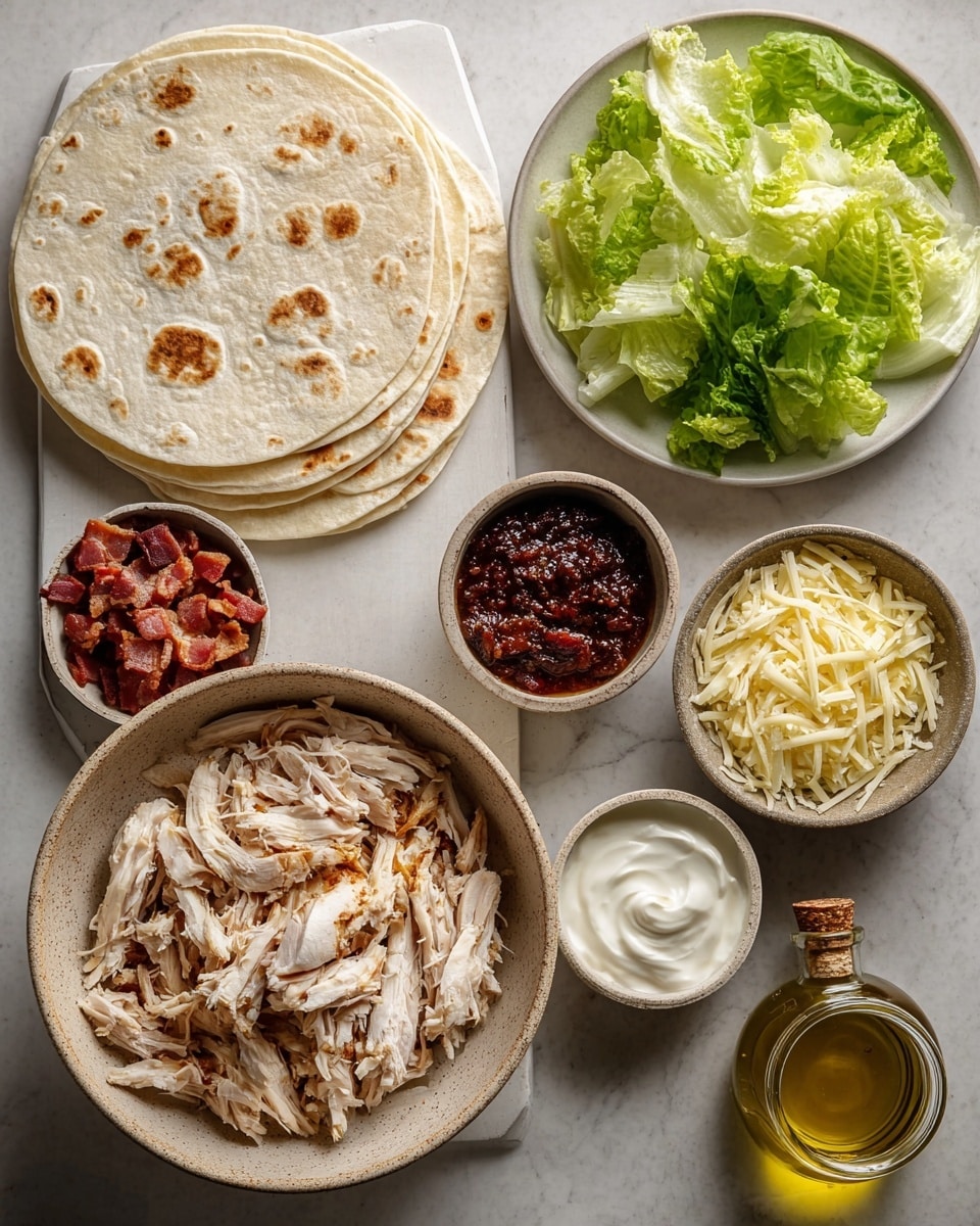 The image shows several white dishes and bowls on a white marbled surface. On the left, there is a plate with many soft round tortillas stacked on top of each other, light beige with some brown spots. Below the tortillas, a large white plate holds a pile of grilled, shredded chicken with a light brown, slightly crispy texture. To the right of the chicken, a bowl with bright green fresh lettuce leaves is arranged neatly. Two small bowls contain shredded white cheese, one above and one below a small bowl of white creamy sauce. Near the top left, a small bowl holds a dark brown chunky sauce. Next to the bowl of lettuce, a plate contains small pieces of crispy cooked bacon with a reddish-brown color and slight fat shine. Finally, a small clear glass jug with golden-yellow oil is placed in the bottom right corner. Photo taken with an iphone --ar 4:5 --v 7