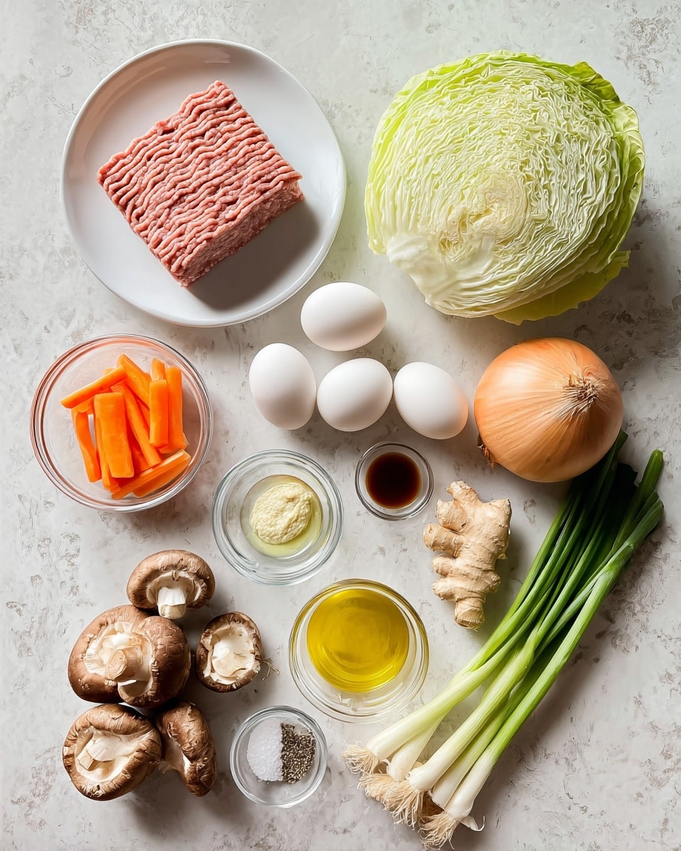 The image shows several cooking ingredients neatly arranged on a white marbled surface. At the top left, there is a white plate containing a block of raw ground meat with a pink color and distinct ridges. Next to it is a whole green cabbage with visible veins on its smooth leaves. Below the cabbage, there is a clear glass measuring cup filled with light yellow broth. Two white eggs are placed between the plate and the cabbage. In the middle left, there is a small clear bowl filled with ridged, bright orange carrot slices. Below the carrots, a small cluster of light brown shiitake mushrooms with darker caps is visible. To the right of the mushrooms is a small white dish with olive oil, deep yellow in color. Near the center, a half onion with white and pale brown layers shows its cut side up. Scattered around are three garlic cloves with white skin, a fresh piece of ginger root with rough tan skin, and a few green onions with white to light green stalks ending in darker green tips. Small clear bowls with soy sauce, honey-colored liquid, and a white powdery mixture of salt and pepper rest in a white dish, completing the ingredients. photo taken with an iphone --ar 4:5 --v 7