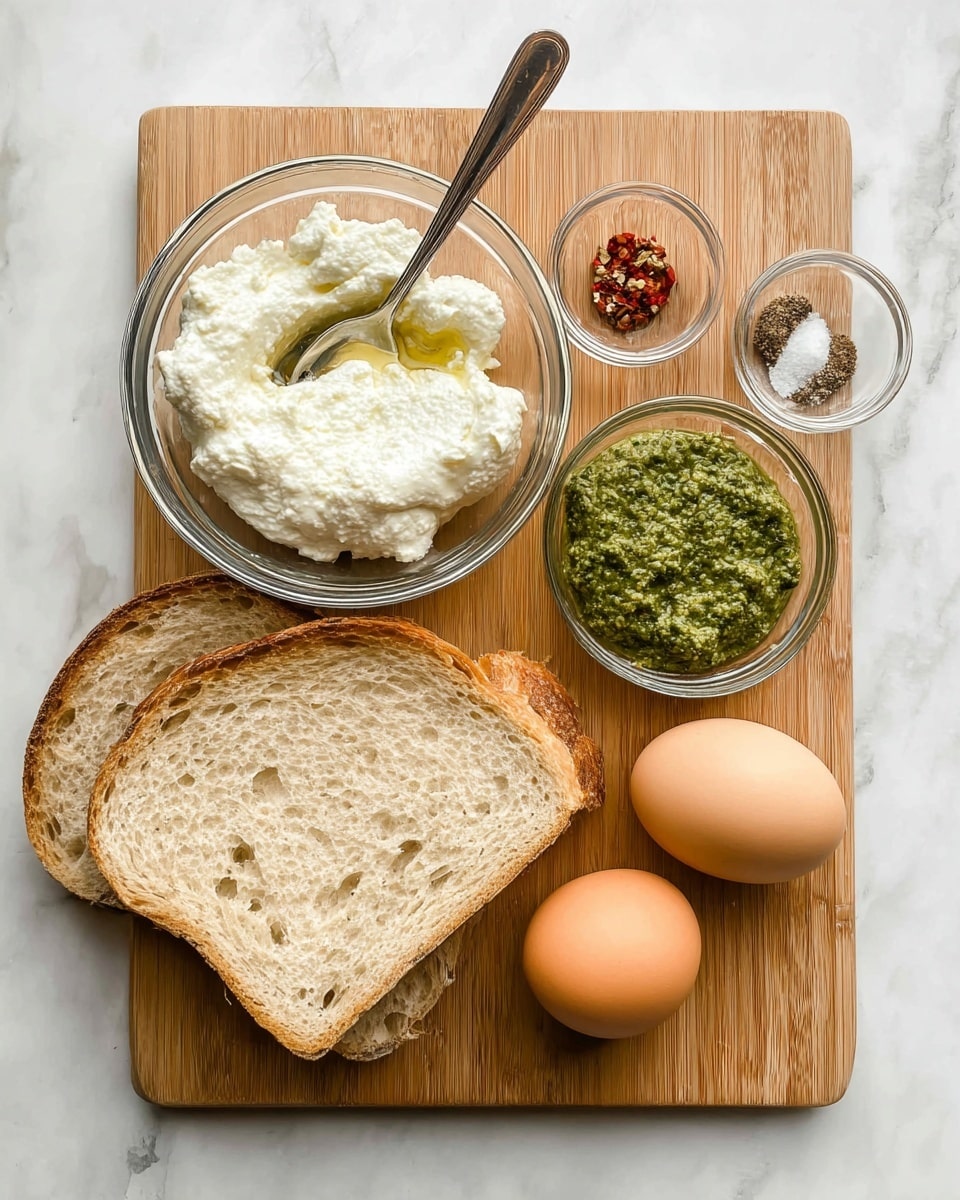 A wooden board holds all ingredients arranged neatly on a white marbled surface: a thick slice of light brown bread with a soft, airy texture in the bottom left; two smooth, brown eggs placed side by side to the right of the bread; above the eggs are two small round glass bowls, one filled with a coarse green pesto sauce and the other with a mix of black pepper, white salt, and red chili flakes; a larger glass bowl with soft, crumbly off-white cheese with visible herb flecks sits at the top left with a silver spoon resting inside. Photo taken with an iphone --ar 4:5 --v 7