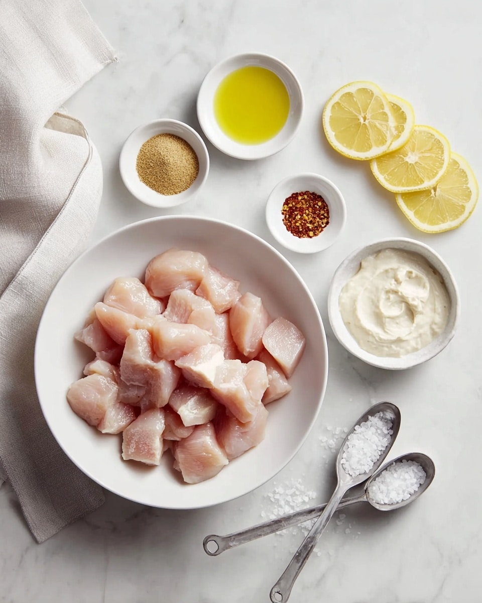 In the center is a white bowl filled with raw, light pink chicken pieces, roughly cubed and stacked loosely. Around it are five small white bowls: one with golden olive oil, one with reddish-brown spice, another with light beige powder, a fourth with white creamy sauce topped with two thin lemon slices, and the last one holding light tan granules. Near the top left are three lemon slices sitting on the white marbled surface, and to the right side is a small metal measuring spoon filled with white salt. A soft, light beige cloth rests on the left side of the surface. Everything is placed on a white marbled table. Photo taken with an iphone --ar 4:5 --v 7