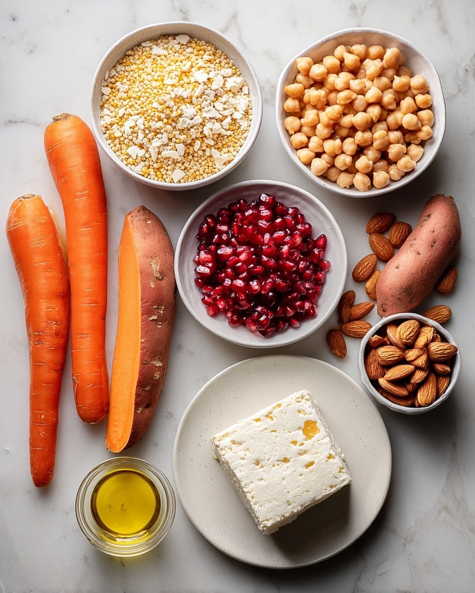 The image shows several ingredients arranged on a white marbled surface. On the left, there are five whole orange carrots and one whole sweet potato. To their right, there are small white bowls with different items: one bowl full of beige chickpeas at the top center, one bowl with light beige quinoa grains above the chickpeas, two small bowls with bright red pomegranate seeds beside and below the chickpeas, a tiny glass bottle with yellow olive oil to the right of the chickpeas, a small white bowl with whole almonds on the far right, and a white plate holding a square piece of white feta cheese at the bottom right. In front of the cheese plate, there are scattered almond slices and whole almonds on the surface. The image is clear and bright, showing natural colors and textures, photo taken with an iphone --ar 4:5 --v 7