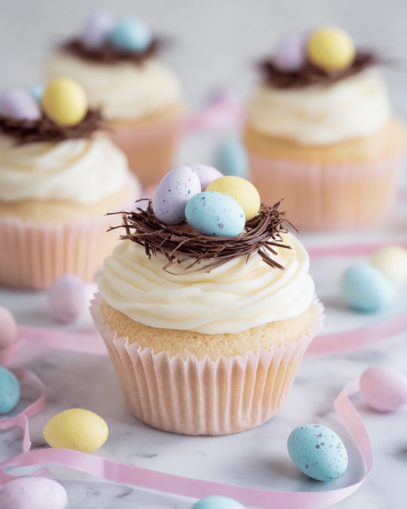 White Chocolate Easter Cupcakes with Mini Eggs and Chocolate Shavings Recipe