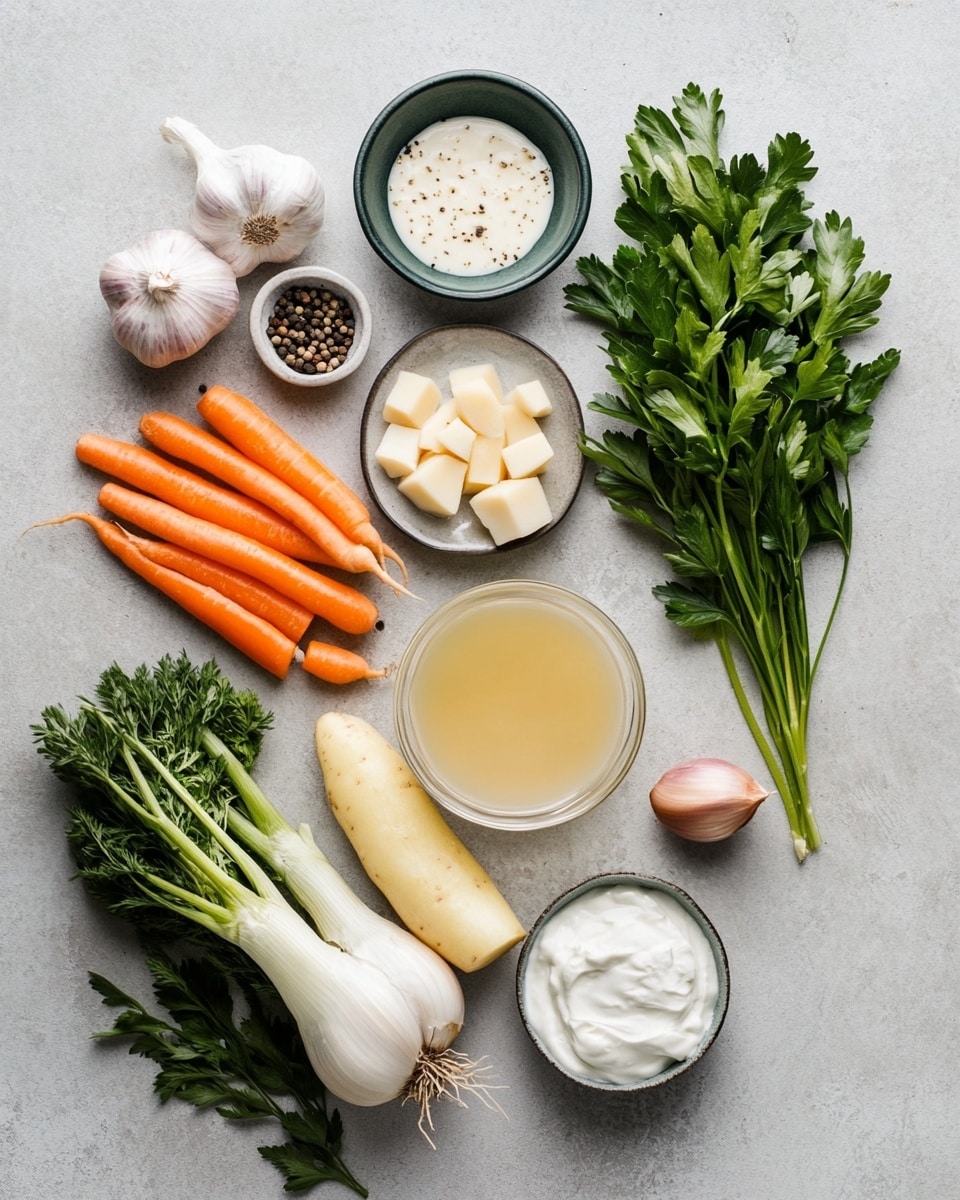 A close-up view of a thick creamy soup in a blue pot, filled with small orange carrot cubes and light tan sausage slices. The soup base is pale yellow and speckled with black pepper and herbs, creating a smooth yet textured surface with visible soft chunks. A metal ladle lifting a scoop of the soup shows two sausage slices on top with scattered carrot pieces and soft potato chunks underneath. Steam is rising gently from the soup. The blue pot sits on a white marbled surface. photo taken with an iphone --ar 4:5 --v 7