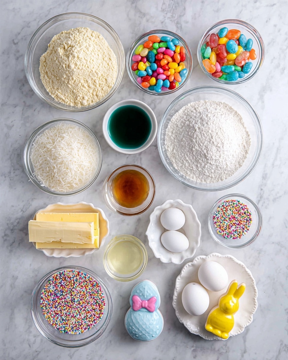 The image shows multiple clear and white bowls and plates arranged neatly on a white marbled surface. There is a large clear bowl filled with beige flour at the top left, and just below it, a clear bowl of white sugar. Next to the sugar is a white scalloped plate holding two sticks of yellow butter. To the right of the flour, there is a small clear bowl full of multicolored jelly beans, and next to it is a small white bowl with green and dark liquid. Below these, another clear bowl contains brown liquid, and next to it is a large clear bowl filled with white powdered sugar. Below the powdered sugar is a clear bowl of colorful confetti sprinkles. In the middle near the bottom is a white scalloped bowl of shredded white coconut. Around the bottom center are three white eggs and a small clear bowl with light golden liquid. There are also multiple small clear bowls holding different white powders scattered around the eggs and coconut. On the right side, a white decorative plate holds three colorful marshmallow chicks in blue, pink, and yellow. The photo taken with an iphone --ar 4:5 --v 7