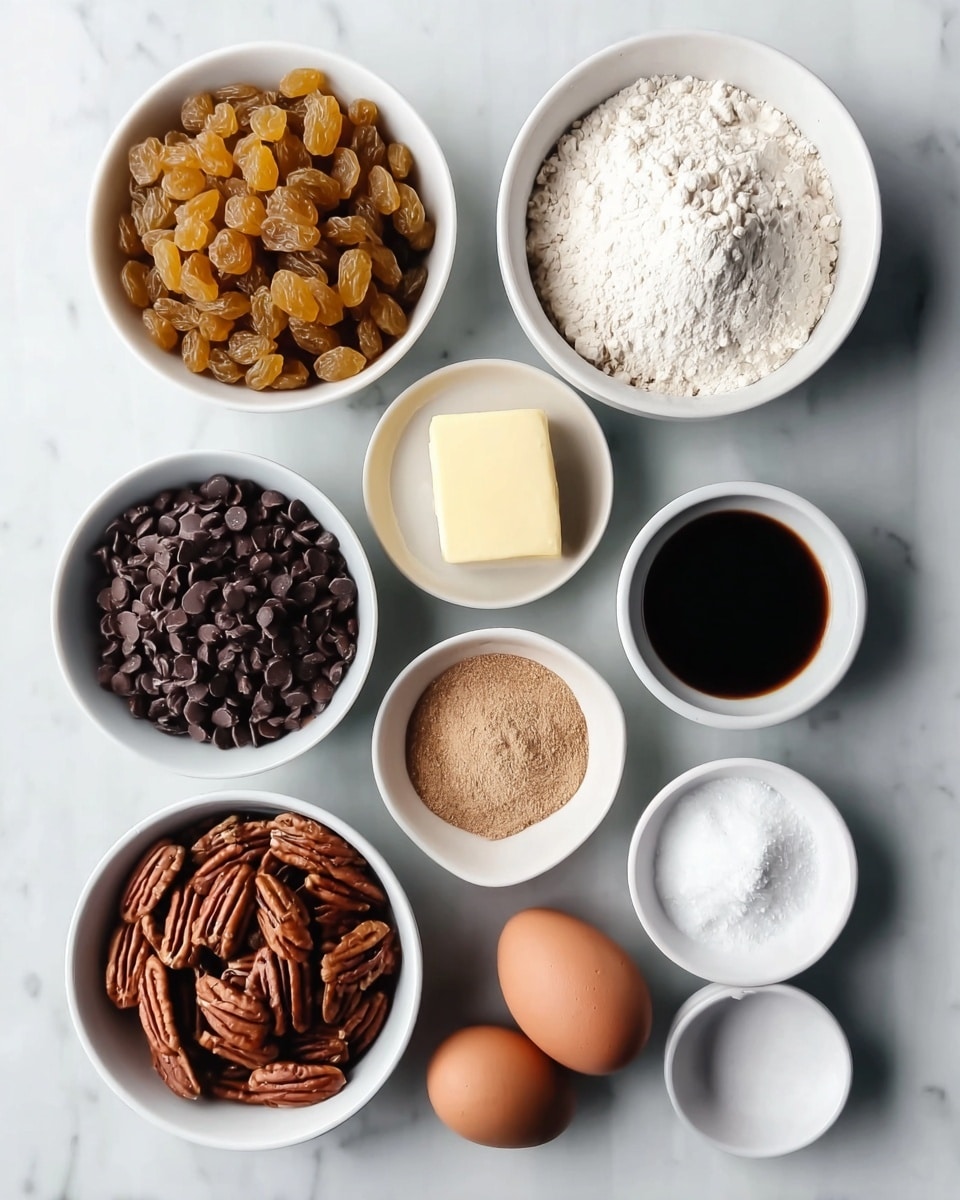 The image shows nine small white bowls and one white egg holder arranged neatly on a white marbled surface. The top left bowl holds golden raisins with a translucent, wrinkled texture. Next to it on the right is a bowl filled with fine white flour, smooth and powdery. Below the raisins is a small bowl with a square of pale yellow butter, smooth and solid. In the center is a white egg holder with a brown egg inside, and beside it on the right sits another brown egg resting on the marble. Below the egg and butter row are three white bowls in a line: the left one has fine light brown cinnamon powder, the middle one holds white granulated sugar, and the right one contains dark brown liquid vanilla extract with a glossy surface. At the bottom left is a bowl of whole brown pecans, textured with ridges and a natural wood tone. At the bottom right is a bowl filled with small, dark chocolate chips, dense and slightly shiny. Photo taken with an iphone --ar 4:5 --v 7
