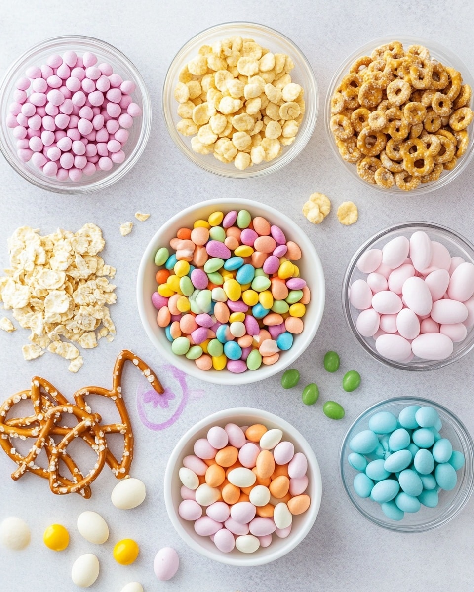A close-up view of a clear glass bowl filled with a colorful snack mix on a white marbled surface. The mix contains small round cereal pieces in light brown color as the base layer, topped with yellow speckled candy eggs, pastel-colored round candies in purple, pink, blue, green, and yellow, and white pretzels covered in white drizzle with hints of green and pink. There are also small bunny-shaped cookies in a light tan color and candy cone shapes in white with green or purple tips. The textures vary from smooth, shiny candy coatings to crunchy cereals and cookies. Photo taken with an iphone --ar 4:5 --v 7