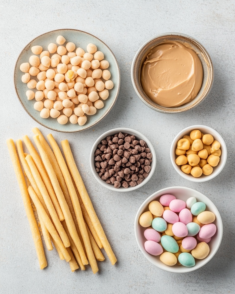 The image shows six small clusters of light brown, stick-shaped snacks coated with a smooth, shiny caramel-like layer, placed separately on a crinkled beige parchment paper. Each cluster is topped with three pastel-colored round candies in shades of blue, green, yellow, and purple, which sit on top like little eggs. The clusters look crunchy and have uneven, natural shapes, with the caramel coating holding the sticks together tightly. The background surface is changed to a white marbled texture, enhancing the warm colors of the treats. photo taken with an iphone --ar 4:5 --v 7