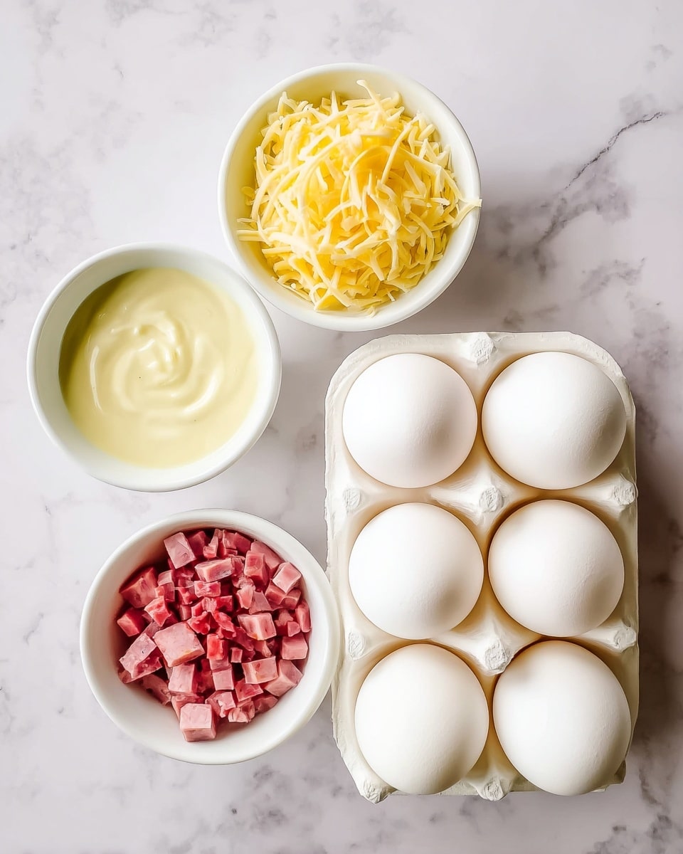 The image shows six white eggs arranged in a carton at the top right side on a white marbled surface. Below the eggs, there are three small white bowls arranged in a triangle shape. The top left bowl contains a mix of shredded yellow and white cheese with a soft texture. The bottom left bowl holds a smooth, creamy, pale yellow sauce. The bottom right bowl is filled with small cubes of pink ham, each piece neatly cut and uniform in size. All elements are placed neatly on the white marbled texture background. Photo taken with an iphone --ar 4:5 --v 7