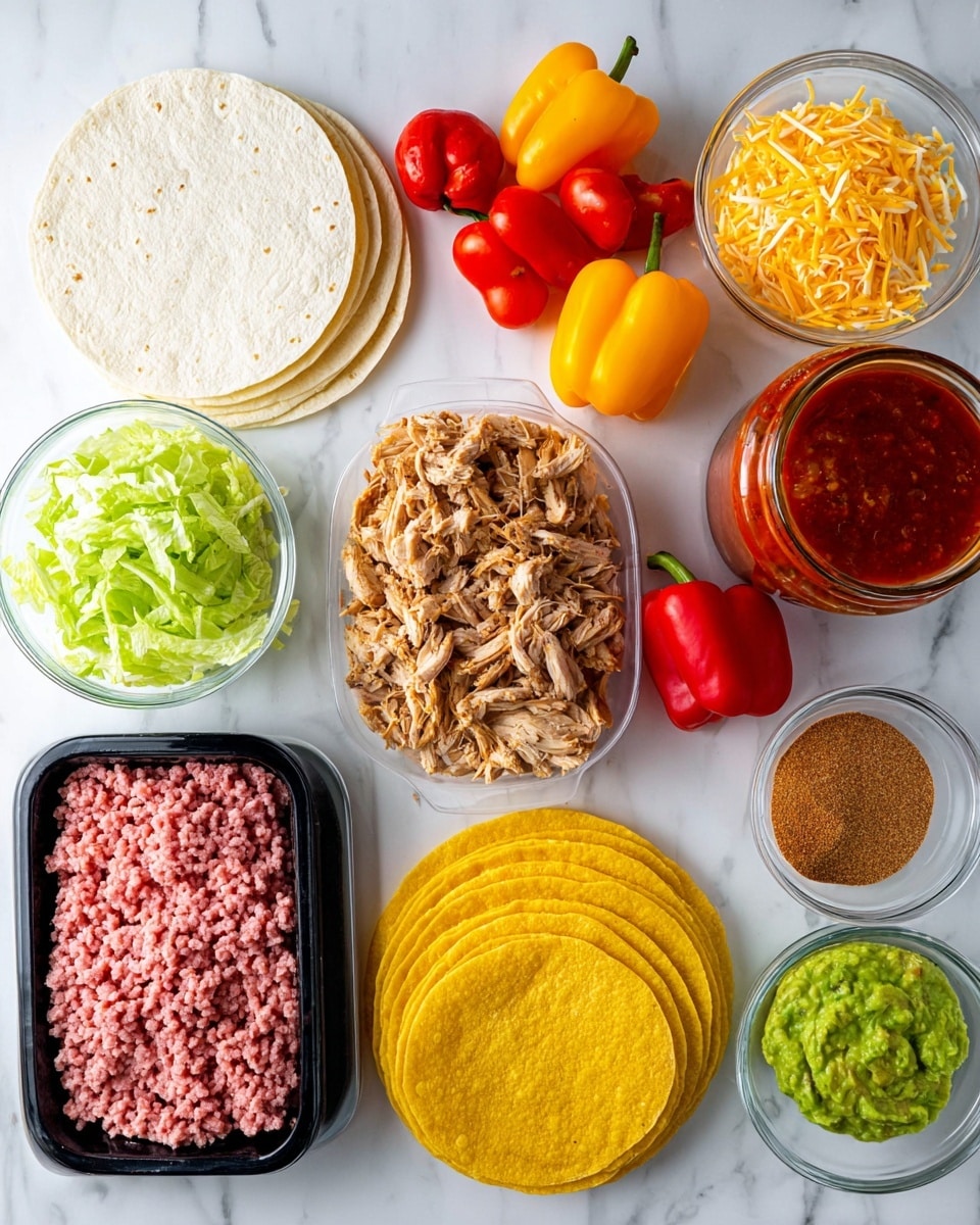 The image shows a white plate with several layers of food for tacos arranged neatly. On the left side, there are four folded, soft white tortillas with light brown spots on top. Below them is a white bowl filled with dark brown cooked ground meat mixed with small diced yellow and red vegetables. To the right of the meat bowl, shredded light green lettuce is spread out around a small white bowl filled with chopped bright red tomatoes. At the bottom left side of the plate, there is a stack of yellow crispy taco shells leaning against the meat bowl. Around the plate, there are whole yellow and red chili peppers placed on a white marbled surface. photo taken with an iphone --ar 4:5 --v 7